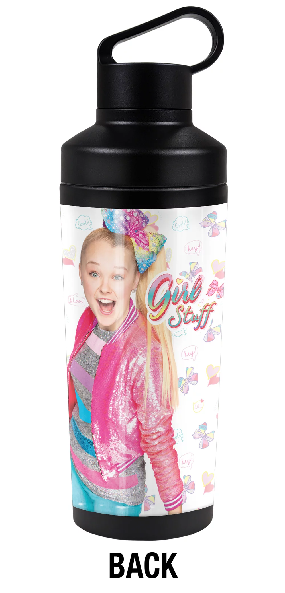 Jojo Siwa Official Girl Stuff 18 oz Insulated Water Bottle, Leak Resistant, Vacuum Insulated Stainless Steel with 2-in-1 Loop Cap