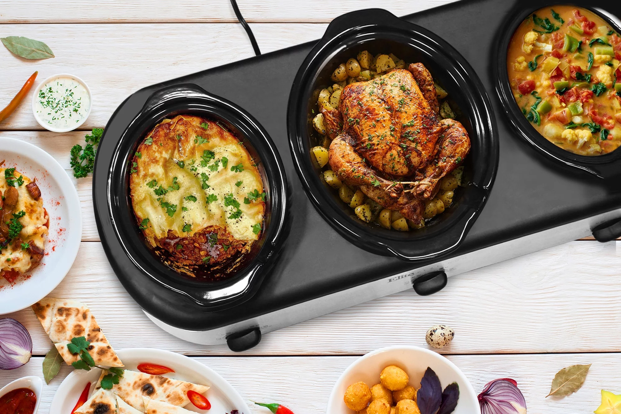 Elite EWMST-415 4-Quart and Two 1.25-Quart Slow Cooker Buffet