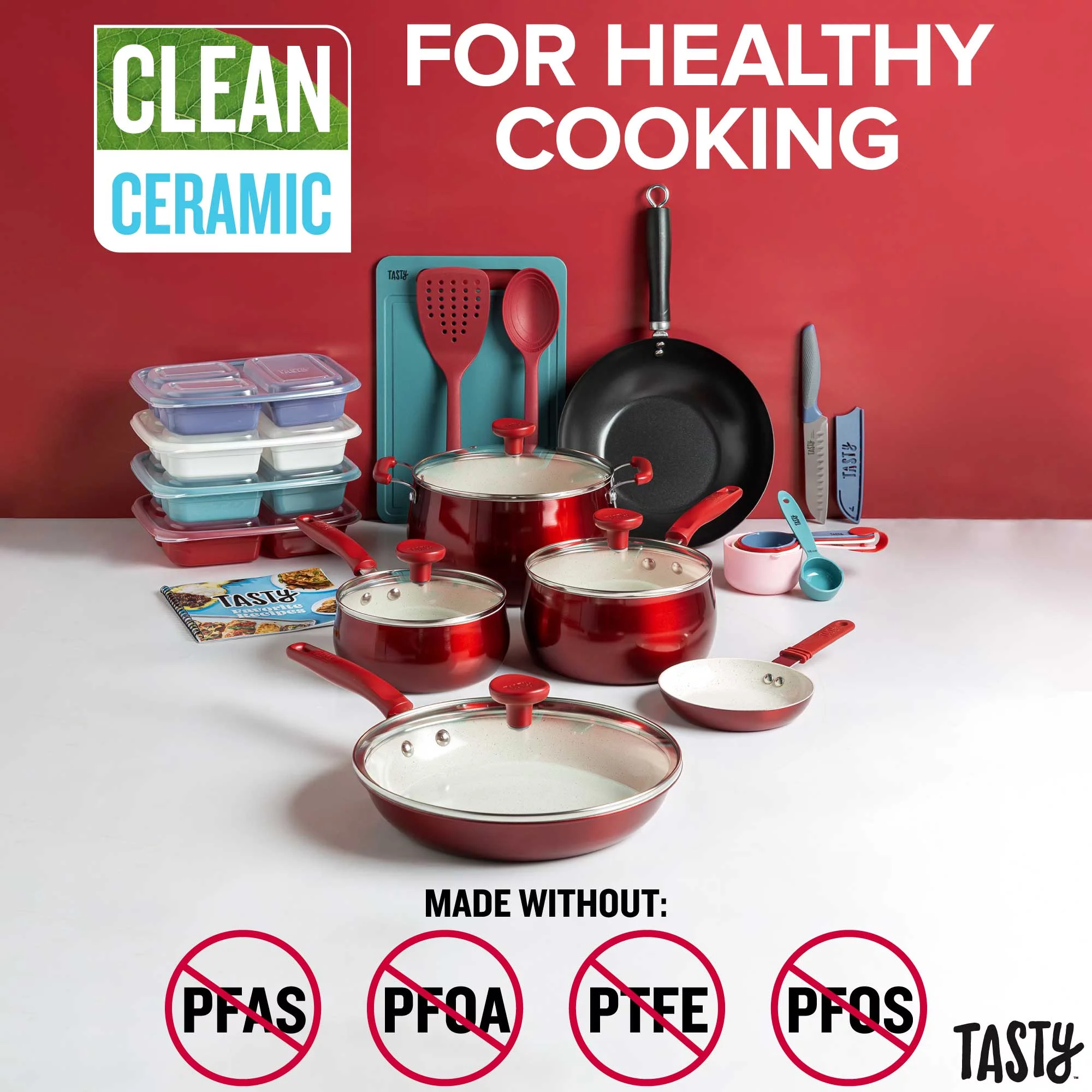 Tasty Clean Ceramic 24 Piece Non-Stick Aluminum Cookware Set, Red