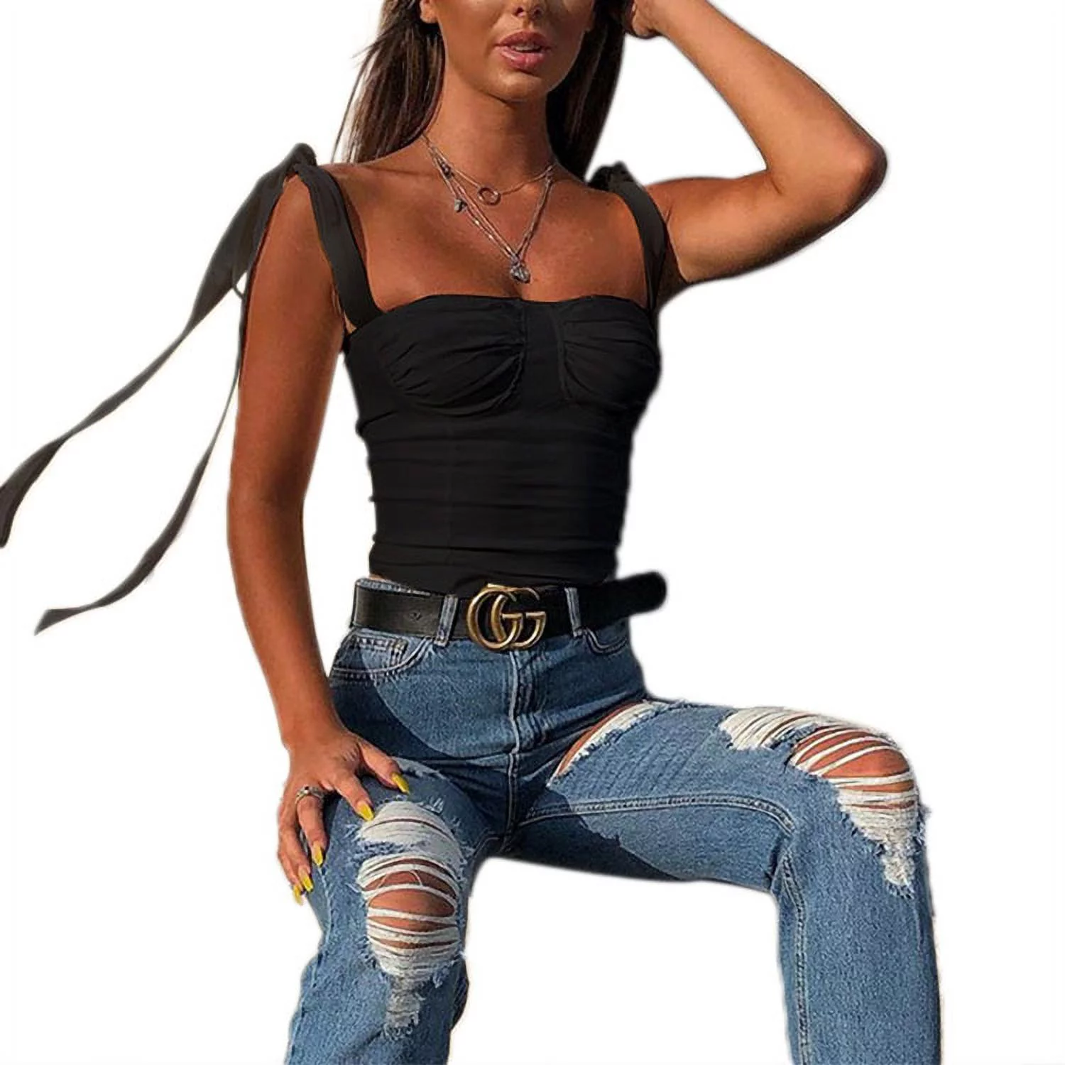 Binpure Sexy Women Bow knot tied Spaghetti Strap Shoulder Ruched Bust Crop Tank Top Strap Bodycon Tube Camis