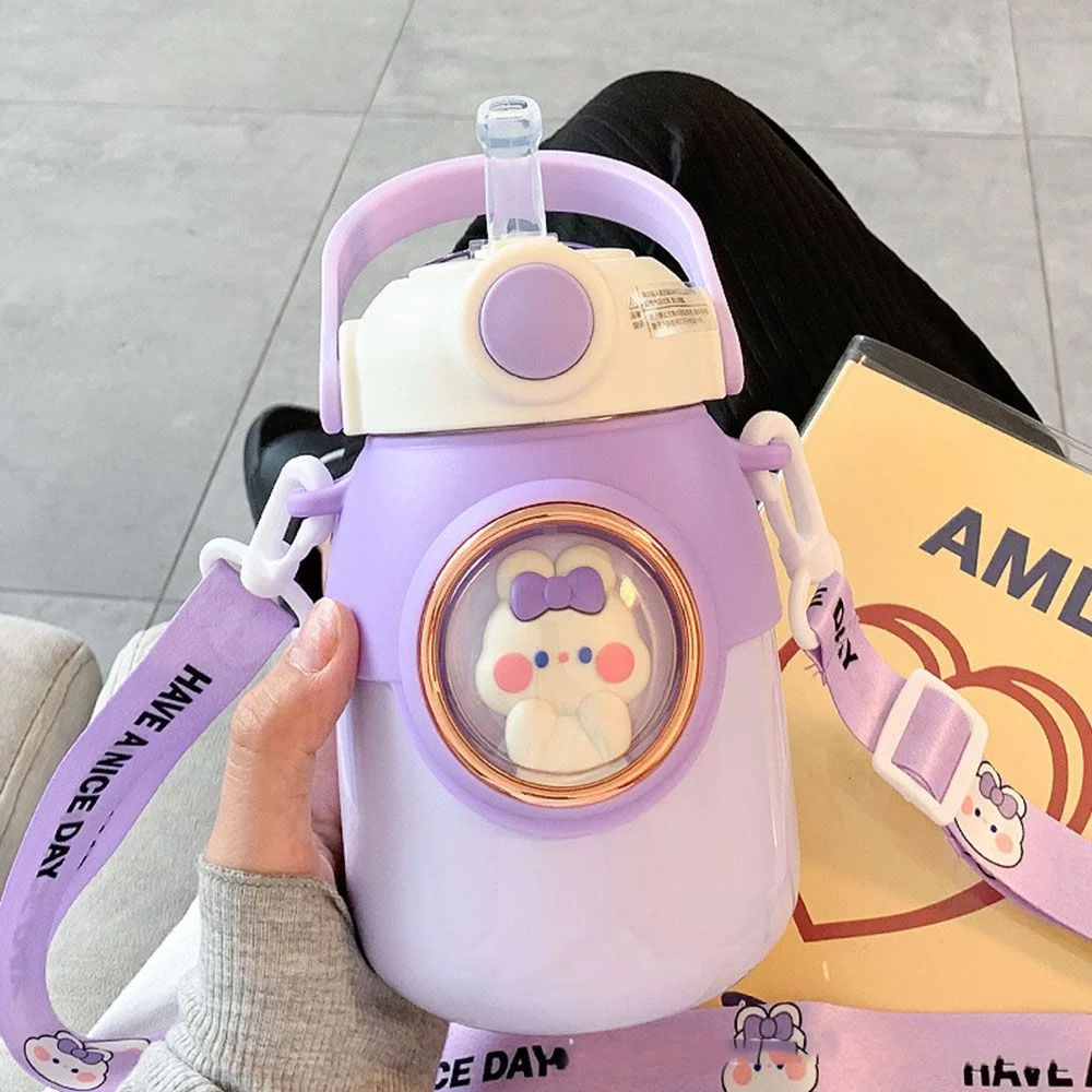 700ml Cute Large Capacity Straw Vacuum Flasks Thermal Mug Water Bottle Insulation Cup PURPLE