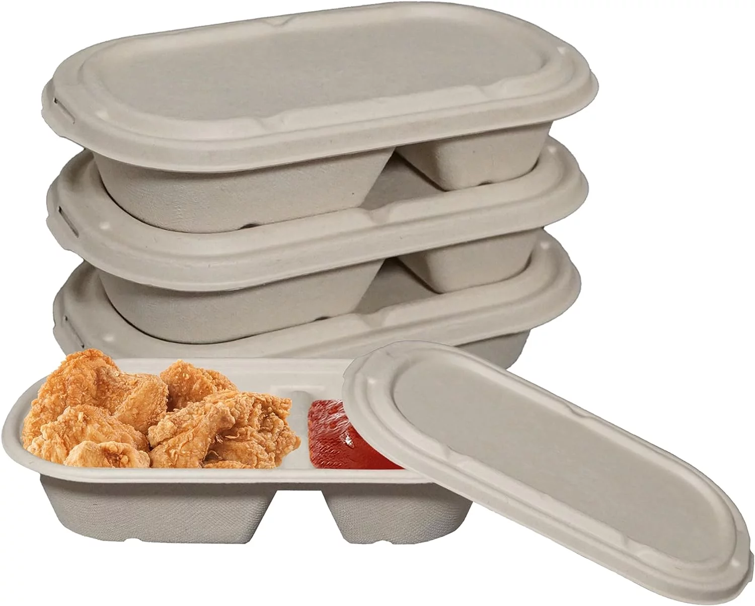 29oz Disposable Bowls with Fiber Lids - 2 Compartment Rectangular Compostable Sugarcane Biodegradable Paper Bowls Eco-Friendly Take Out Food Storage Containers, Microwave Safe, Meal Prep (25 PACK)