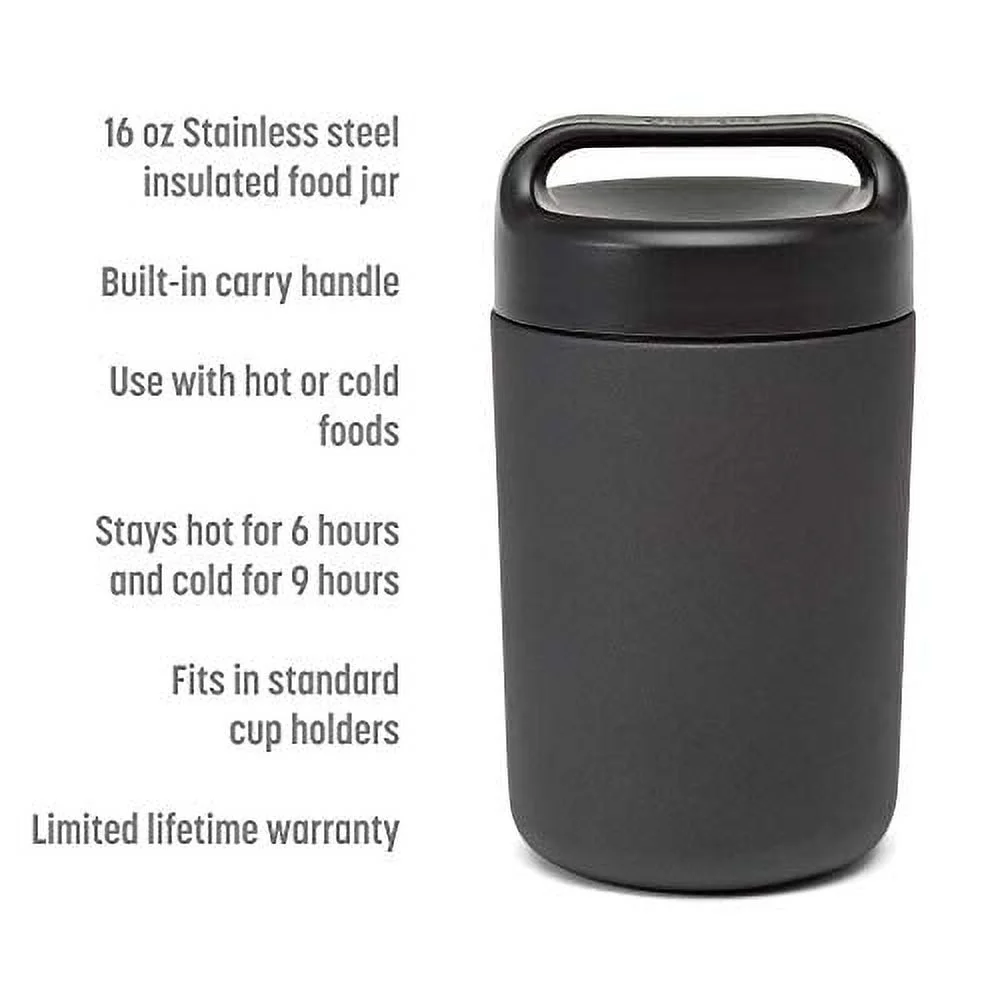 Goodful Vacuum Sealed Insulated Food Jar with Handle Lid, 16 Ounce Stainless Steel Thermos, Lunch Container, 16 Oz, Gray