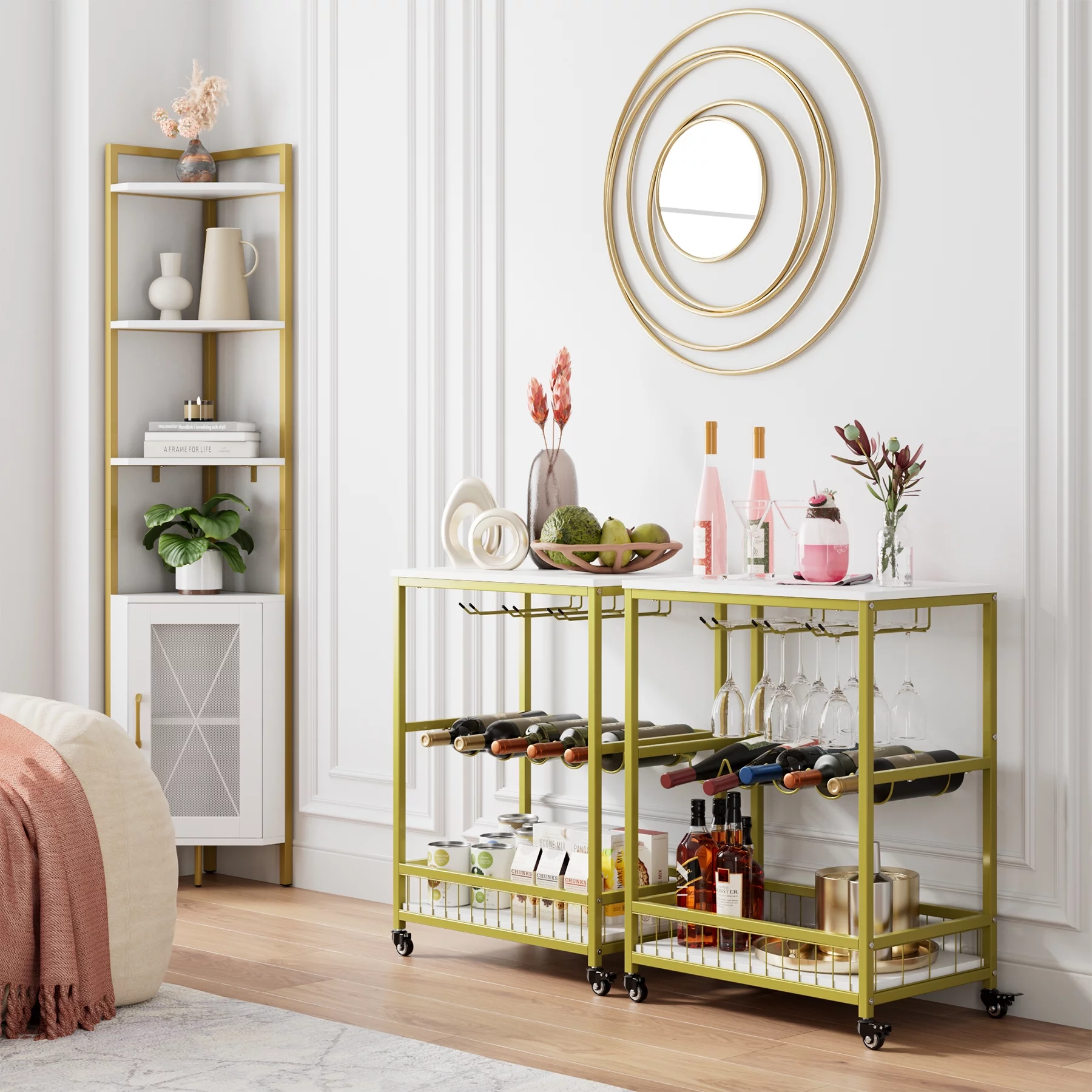 Homfa Wine Bar Cart, Small Rolling Serving Cart with Wine Rack and Glass Holders for Home Kitchen, White Gold