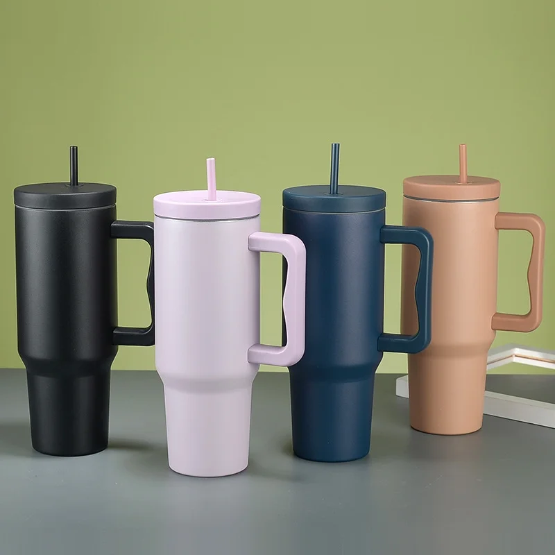 Simple and Modern 40oz Large-capacity Stainless Steel Water Cup with Handle and Straw Lid, Suitable for Drivers on Long-distance Travel and Outdoor Riding