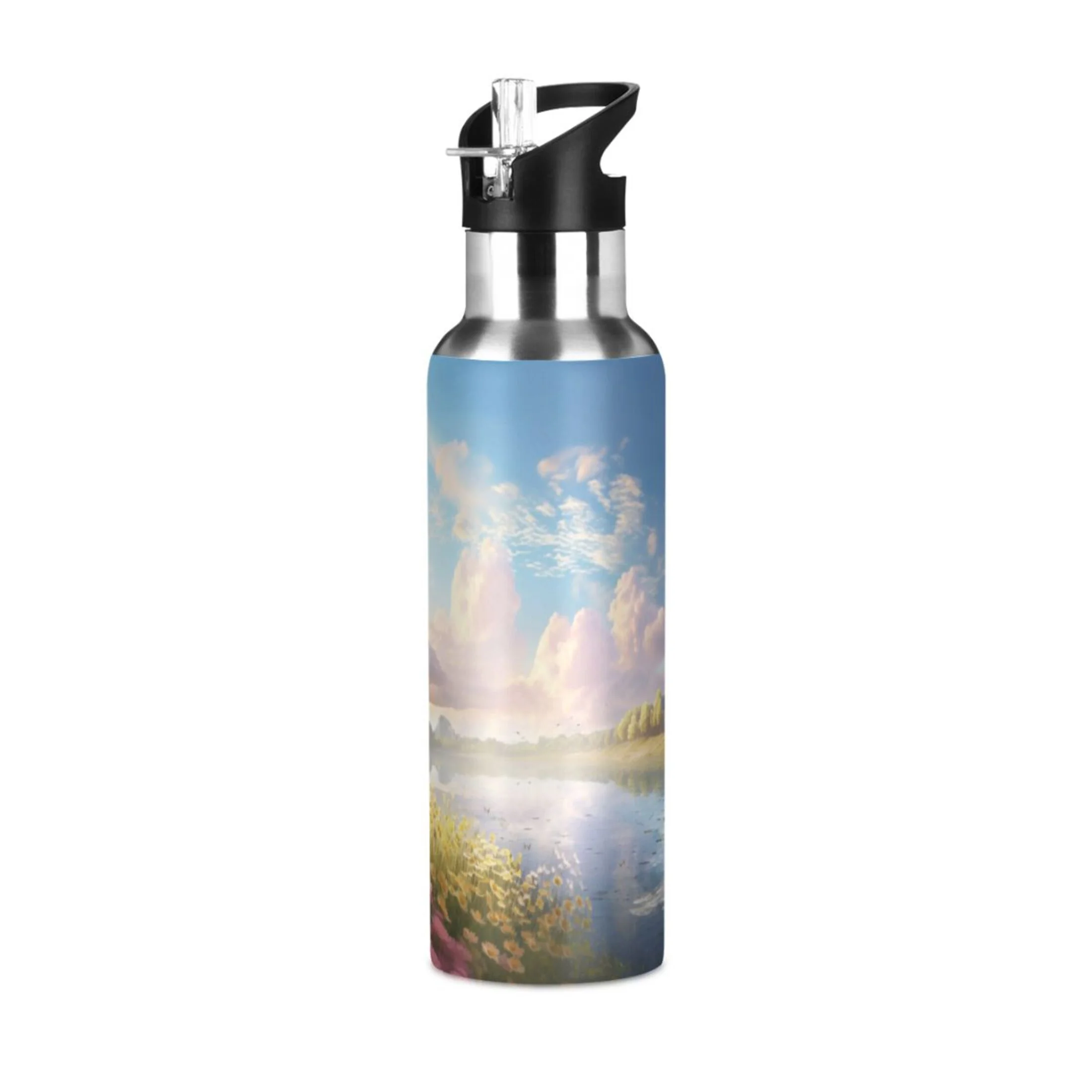 Water Bottle with Straw Lid Leak Flowers Daisy Landscape Stainless Steel Insulated Thermos Vacuum Flask for Cold Hot Drinking for Sports Camping Gym Yoga