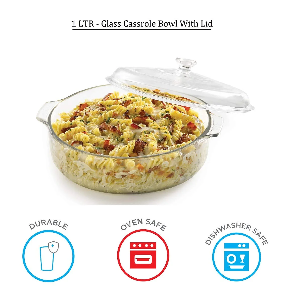 Ginoya Brothers Glass Casserole Classic Deep Round Oven And Microwave Safe Serving Bowl With Glass Lid - Set Of 3, Clear, 1 Liter