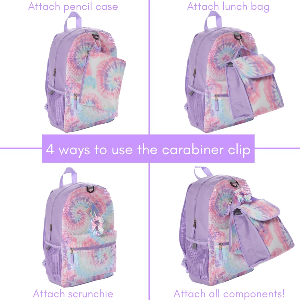 CLUB LIBBY LU Sequin Tie Dye Girls Backpack with Lunch Box and Water Bottle 6 Piece Set 16 inch Pink