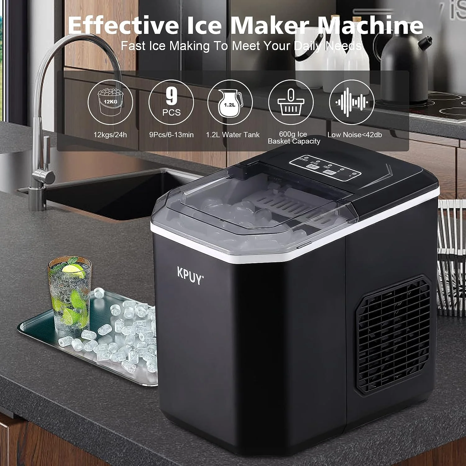 KPUY Countertop Ice Maker，Self-Cleaning Portable Ice Maker Machine with Handle,9 Bullet-Shaped Ice Cubes Ready in 6 Mins,26.5lbs/24Hrs,with Ice Scoop, Basket and Handle,Black