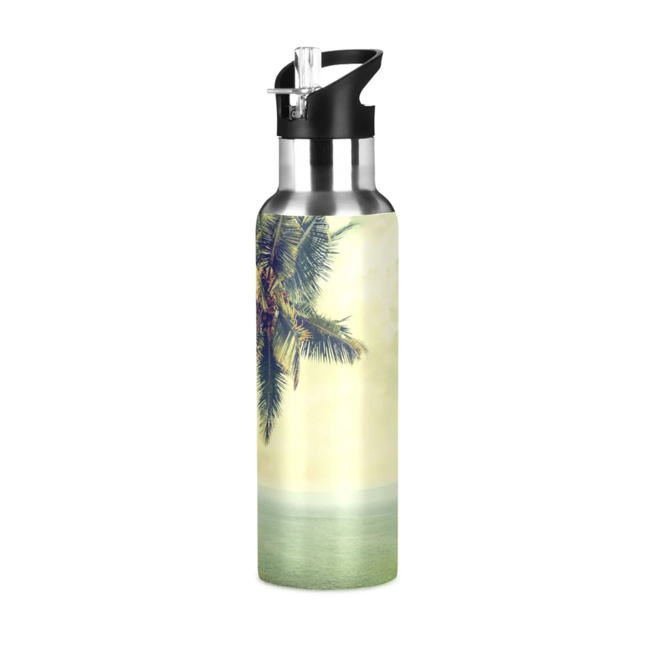 Retro Palm Tree and Sea Water Bottles Insulated Thermos Kids Stainless Steel Bottle with Straw Lid Flask Leakproof for Sports Gym 20 oz