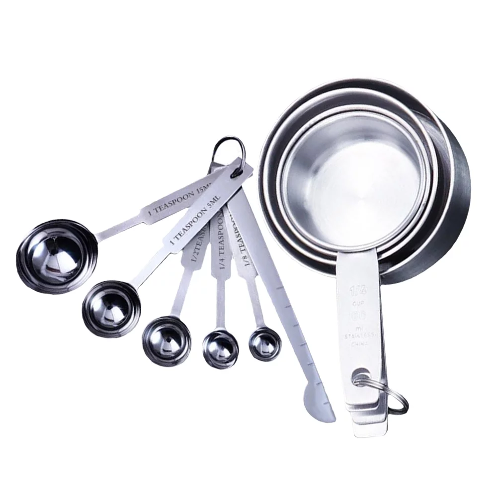 2 Set Stainless Steel Measuring Cups and Measuring Spoon Cooking Measure Spoon Cup Seasoning Spoons Coffee Tea Kitchen Accessory Silver (6pcs/set Measuring Spoons and 4pcs/set Measuring Cup)
