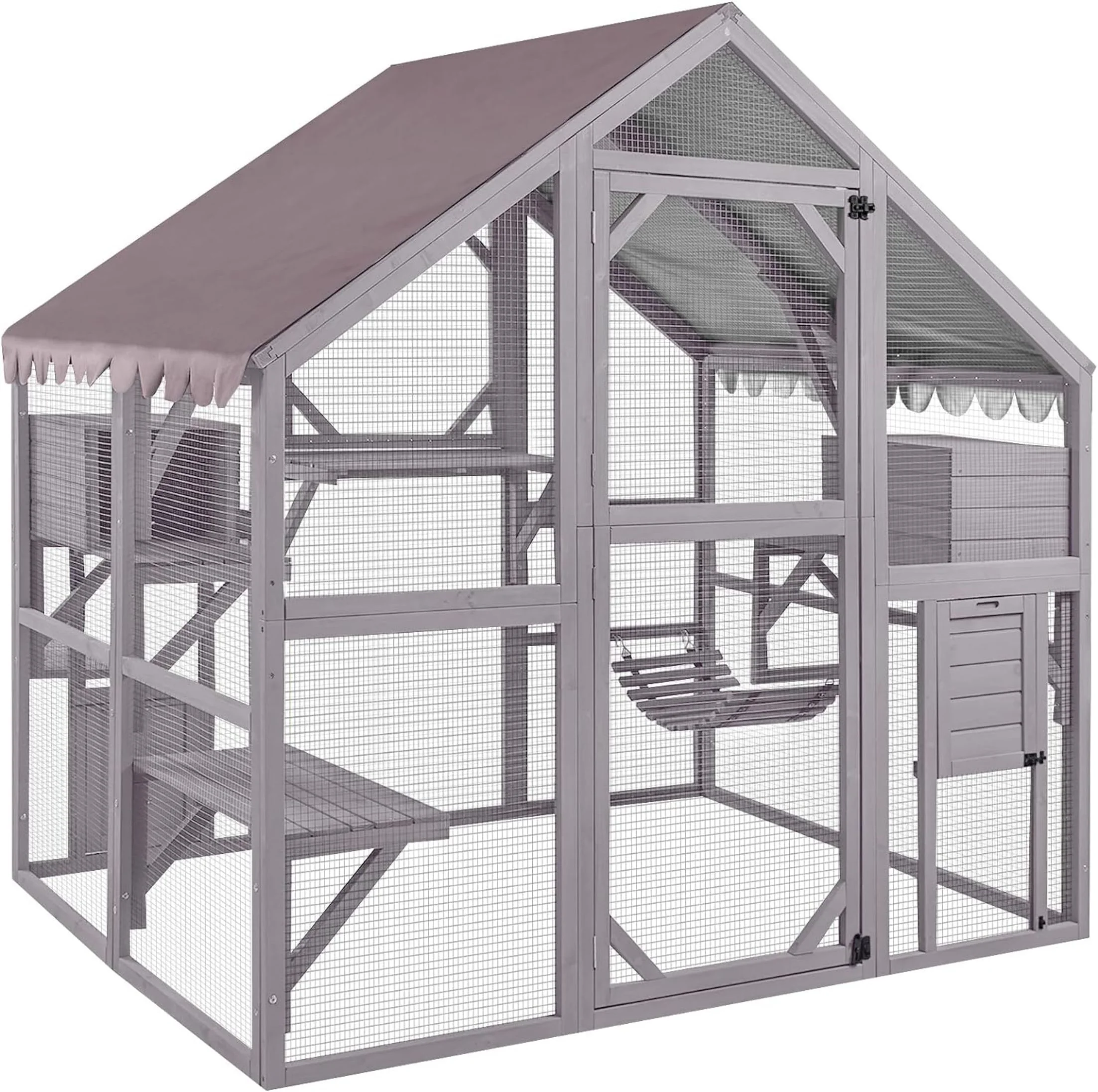 Morgete Large Cat Catio Walk-in Enclosure Wooden Cage with Bridges, Platforms, Rest Rooms, Roof Cover