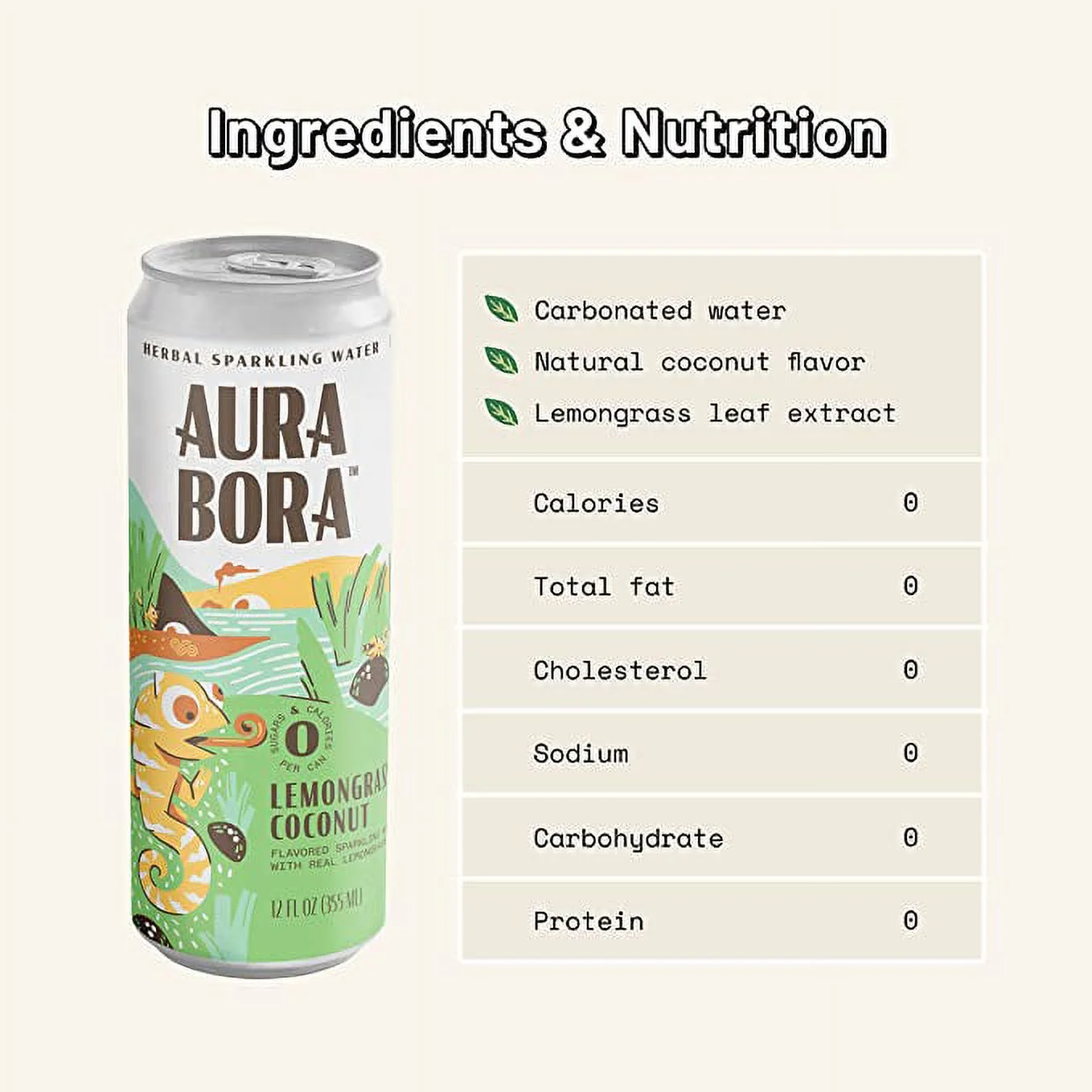 Lemongrass Coconut Herbal Sparkling Water by Aura Bora, 0 Calories, 0 Sugar, 0 Sodium, Non-GMO, 12 oz Can (Pack of 12)