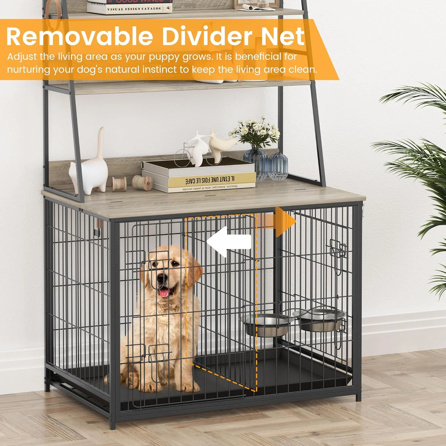 Homhougo—Wooden Dog Kennel with Removable Tray,Double Doors Modern Dog Crate,Indoor Dog House with Two Adjustable Stainless Steel Bowls,End Table Dog Cage,Grey