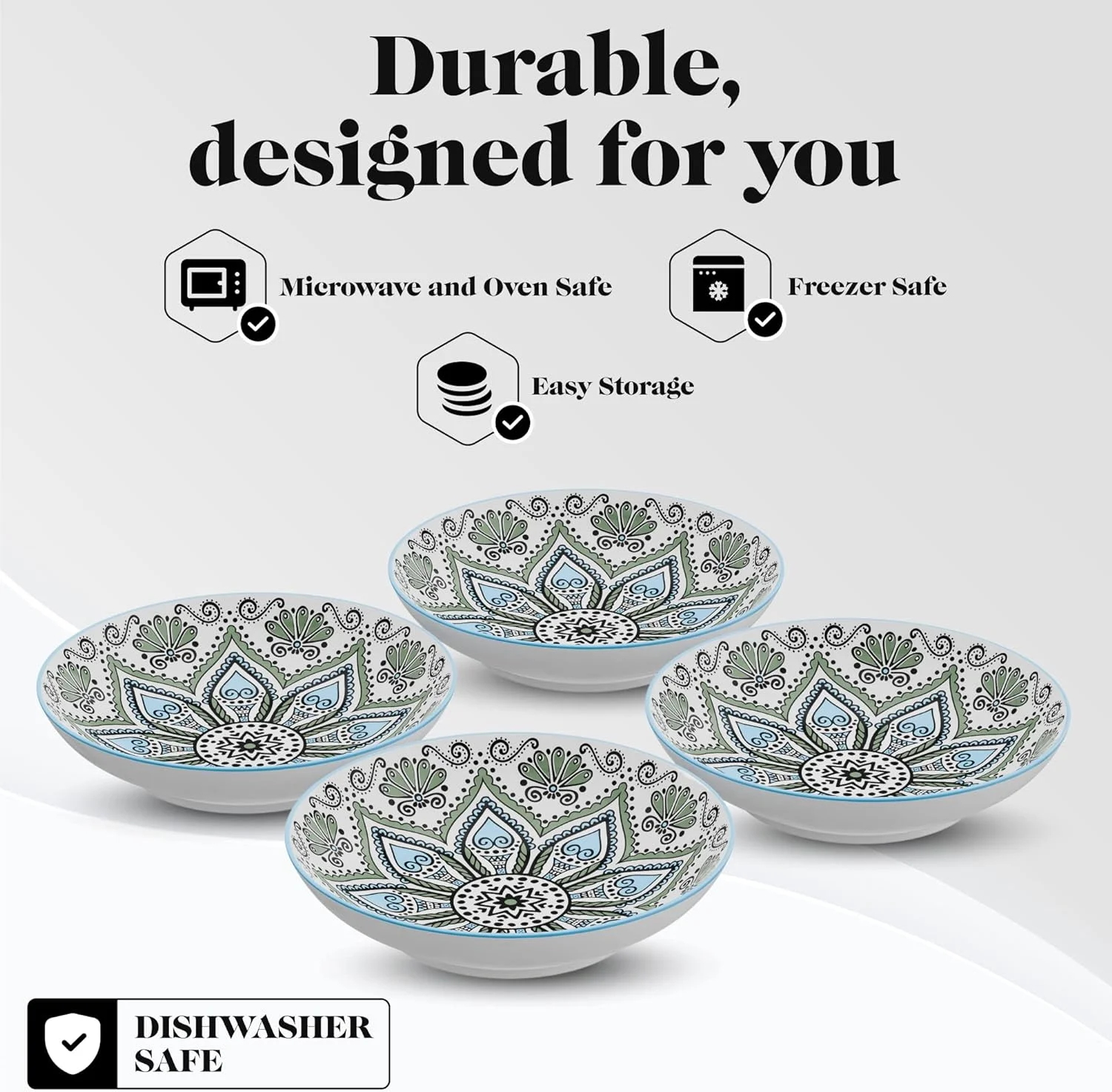 Pasa Bowls | Se Of 4 | Large, 9-Inch, Dinner Serving Plaes | Wide And Shallow Bowls Se For Pasa, Salad, Soup, Spaghei, Sews, Or Cereal | Medallion Moif (Blue & Whie)