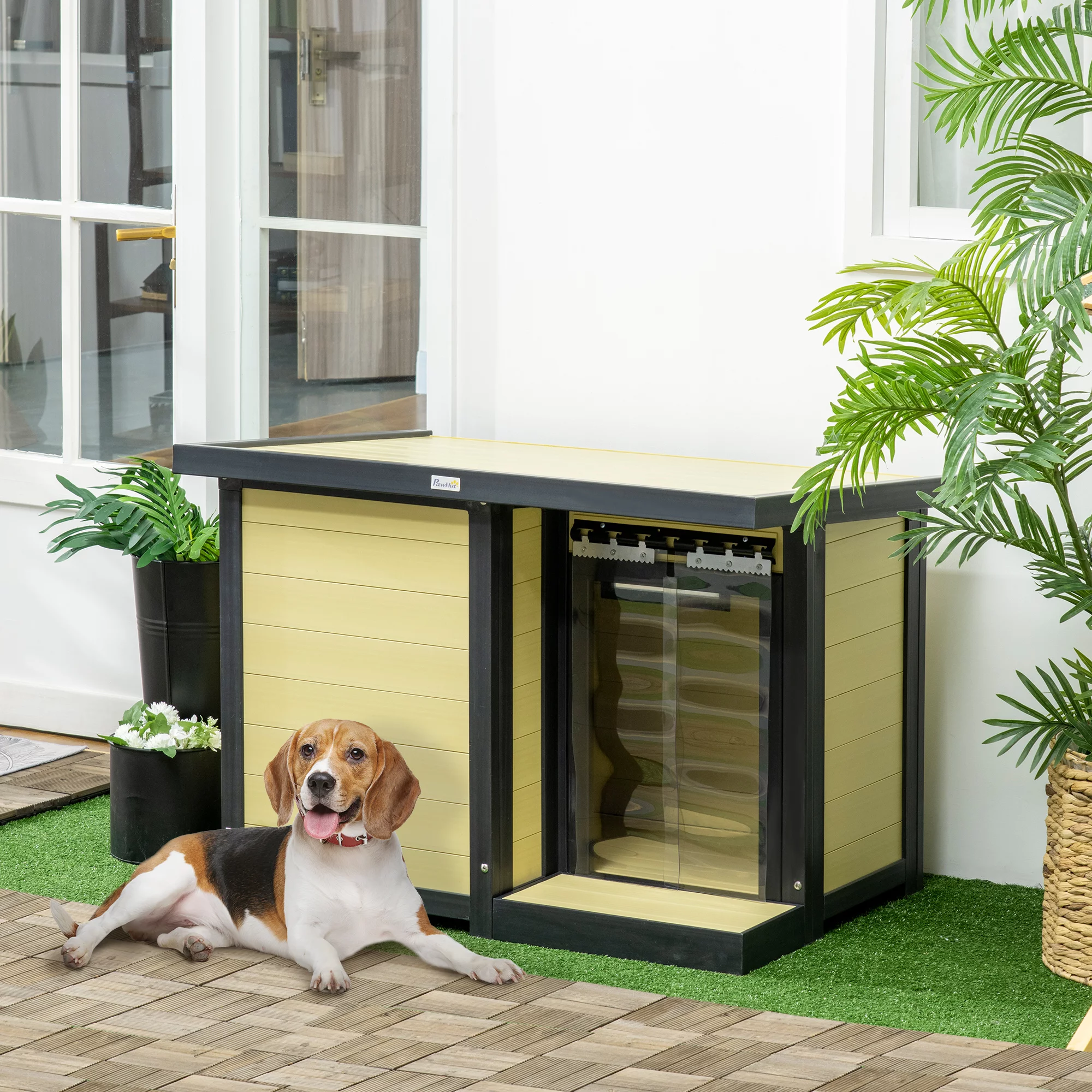 PawHut Dog House Outdoor w/ Terrace Openable Top, for M Dogs, Natural Wood