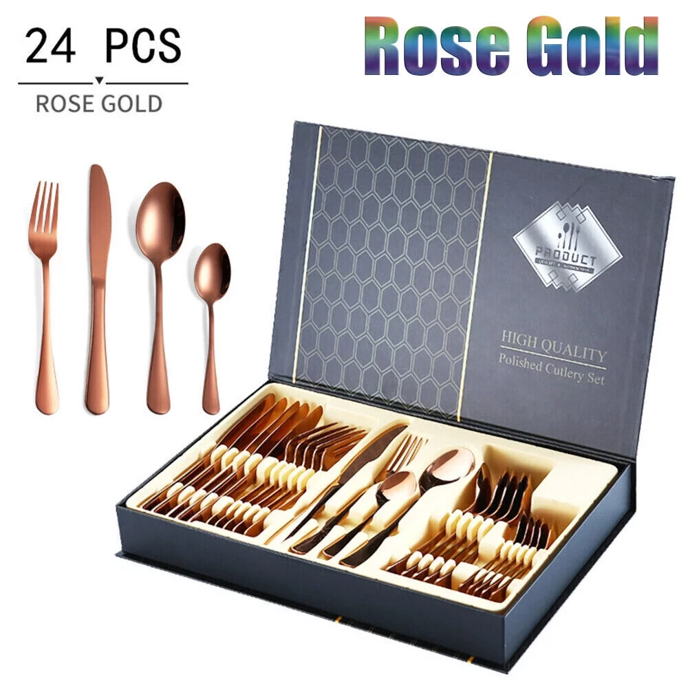 24-Piece Flatware Set Service for 6, Stainless Steel Kitchen Utensils Knife Fork Spoon Silverware Set with Box, Rose Gold