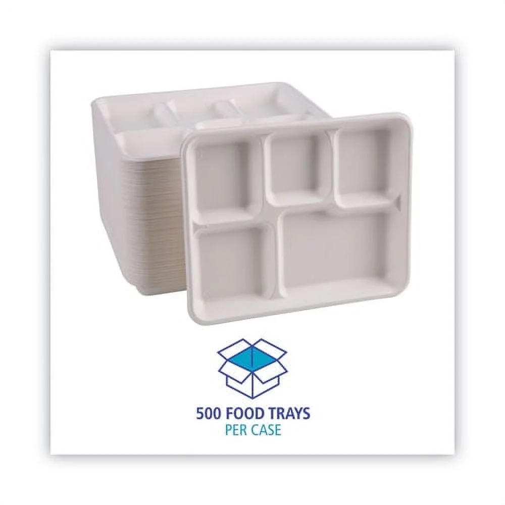 Bagasse Dinnerware, 5-Compartment Tray, 10 x 8, White, 500/Carton | Bundle of 2 Cartons