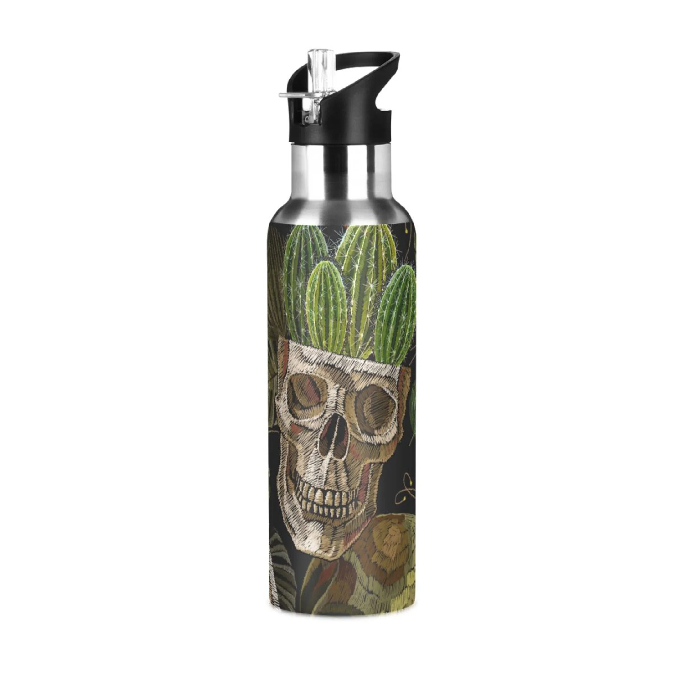 Skull with Cactus Water Bottles Insulated Thermos Kids Stainless Steel Bottle with Straw Lid Flask Leakproof for Sports Gym 20 oz
