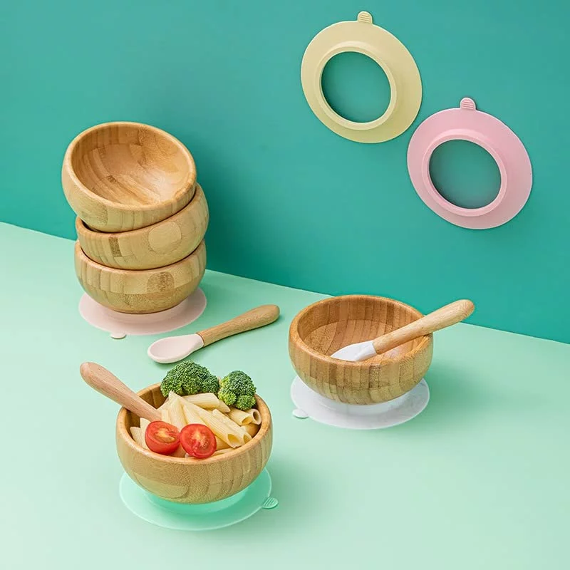 Delailah Sky Baby Bamboo Bowl & Spoon | Baby Cutlery Set | Bamboo Baby Feeding Bowl | Suction Bowl with Silicone Spoon | Detachable Suction Base | BPA Free Silicone Spoon Set (Pink)