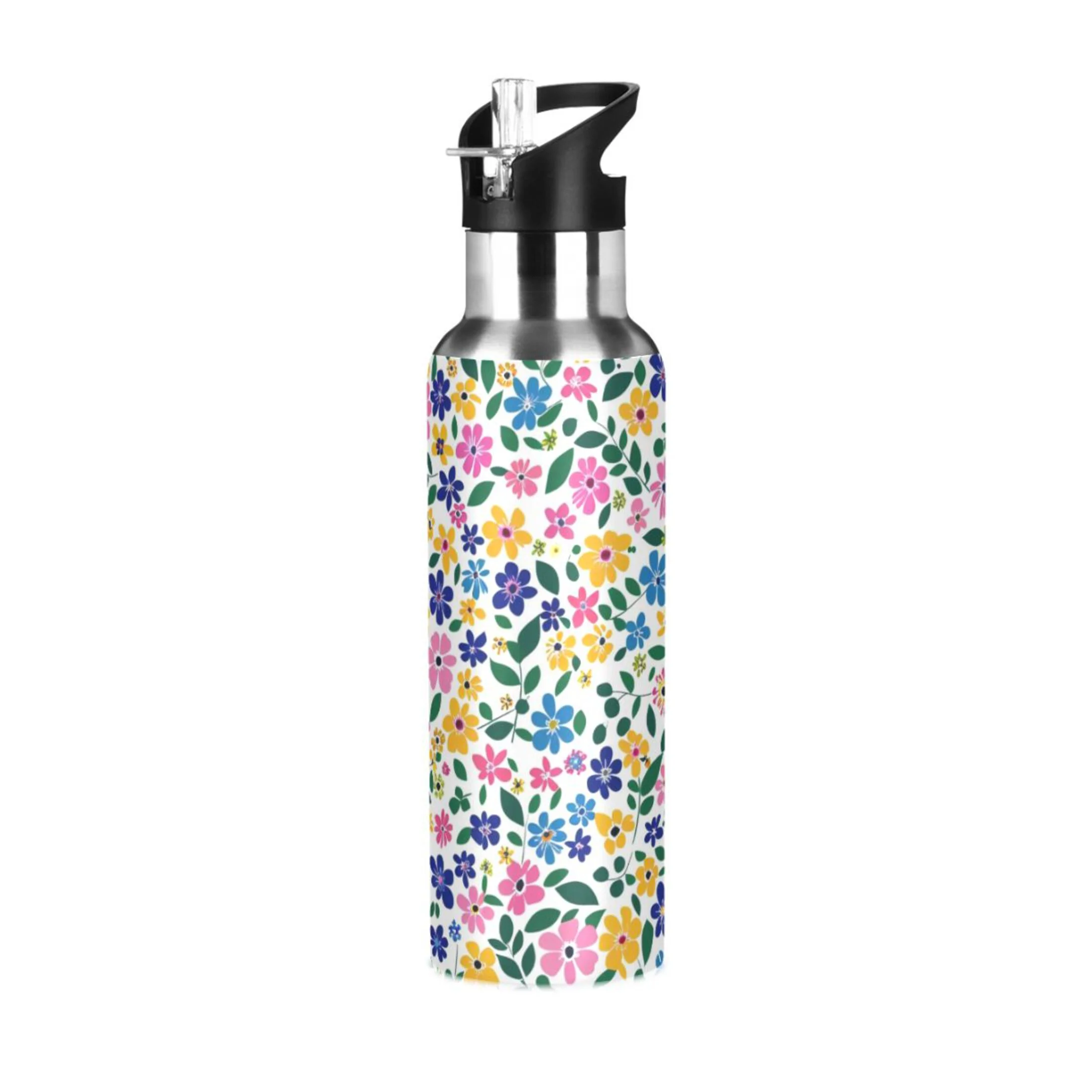 Colorful Floral Water Bottles Insulated Thermos Kids Stainless Steel Bottle with Straw Lid Flask Leakproof for Sports Gym 20 oz