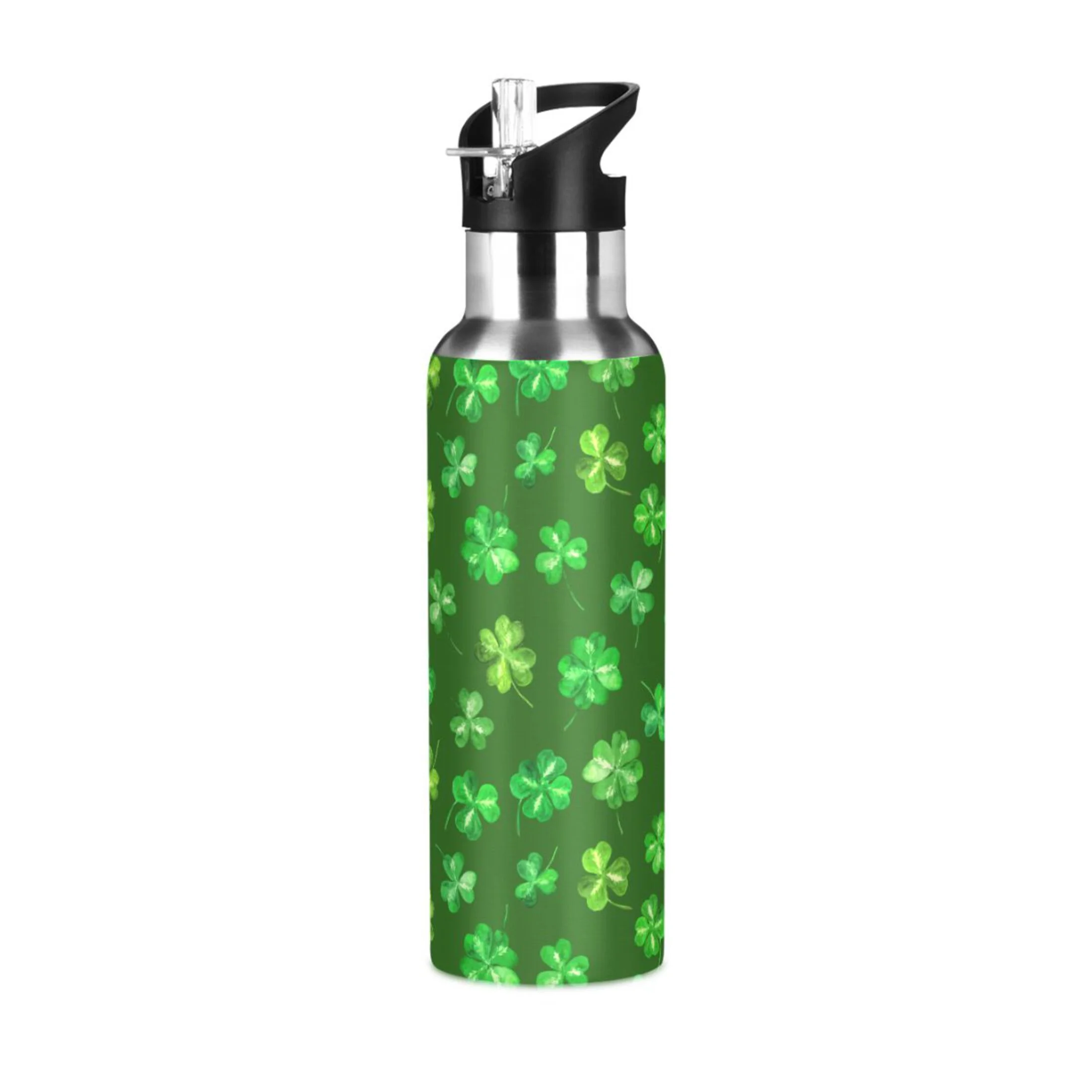 Stainless Steel Water Bottle St Patricks Trefoil Leaves Four Leaf Green Clover Shamrock Clover with Straw Lid Vacuum Insulated Leak Proof Flask Jug for Gym Travel Sports Cycling