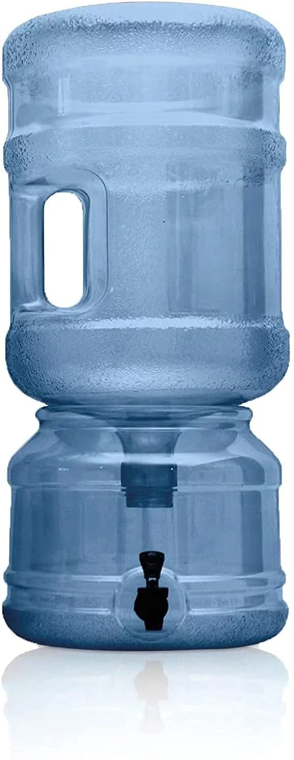 BPA FREE Water Dispenser Base with Spigot & 5 Gallon Water Jug Set - Transparent Blue - For Countertops or Stands - Complete Set