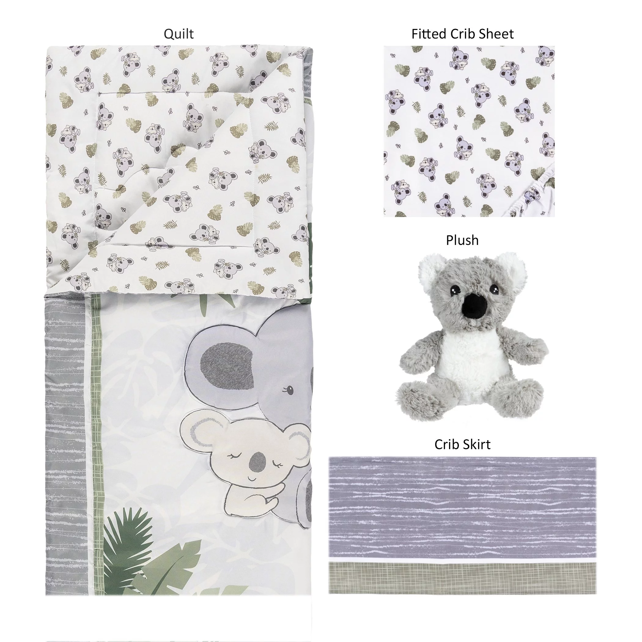 Sammy & Lou Koala Love 4 Piece Crib Bedding Set, Gray, White, Green, Brown, Infant, 200 Thread Count, Koala Character