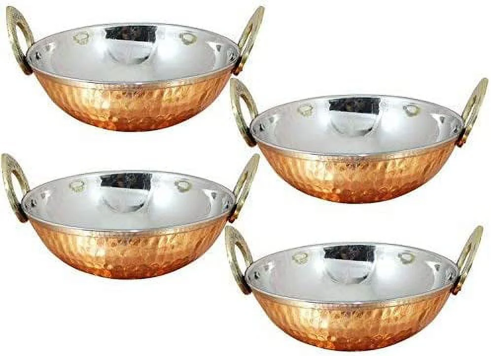 Avs Stores ® Set of 4 Indian Copper Serveware Karahi Vegetable Dinner Bowl with Solid Brass Handle for Indian Food Diameter- 13 cm (5.2 Inches)