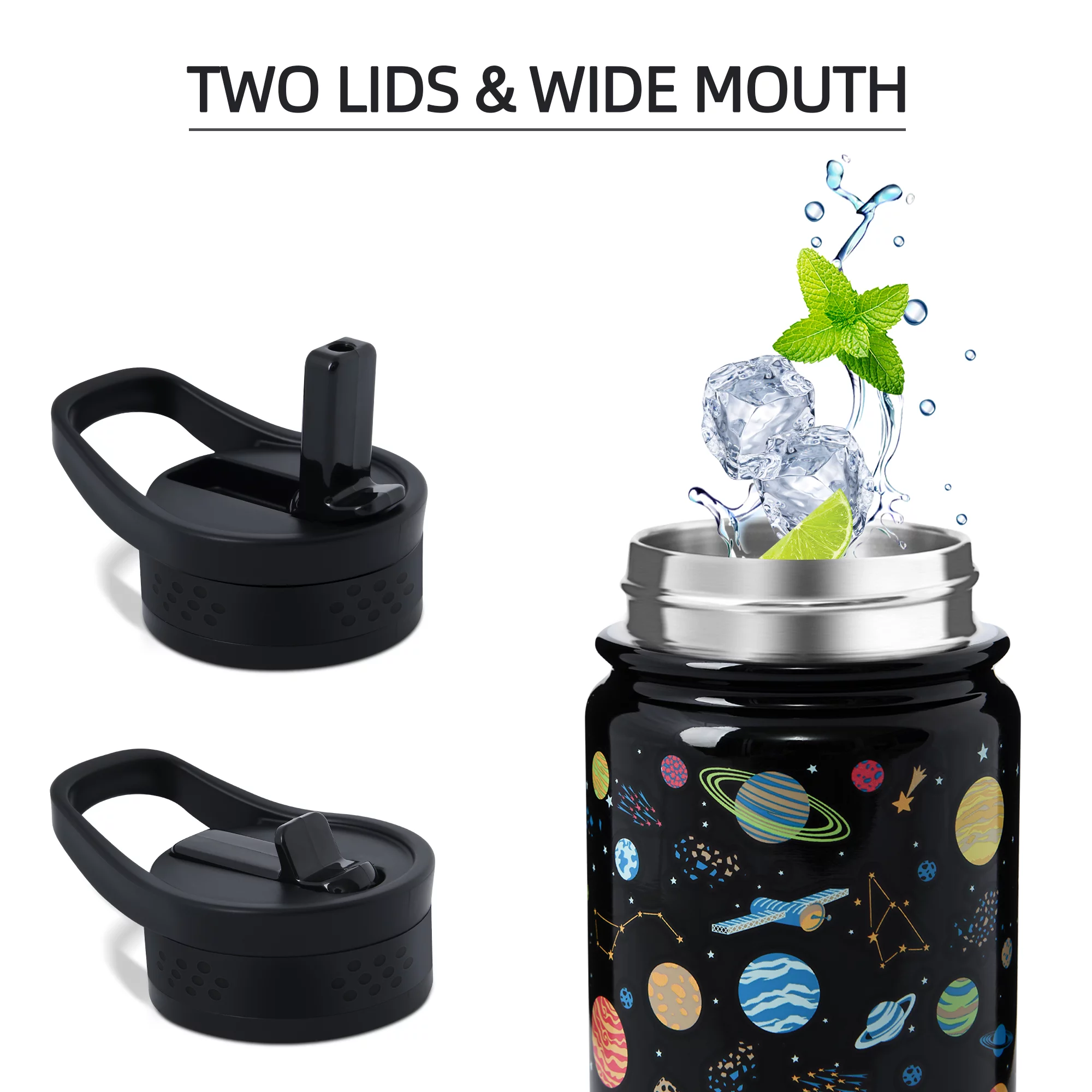 TWINNIS Kids Water Bottle with Strap,14oz Stainless Steel Insulated Water Bottles with 2 Lids,Planet