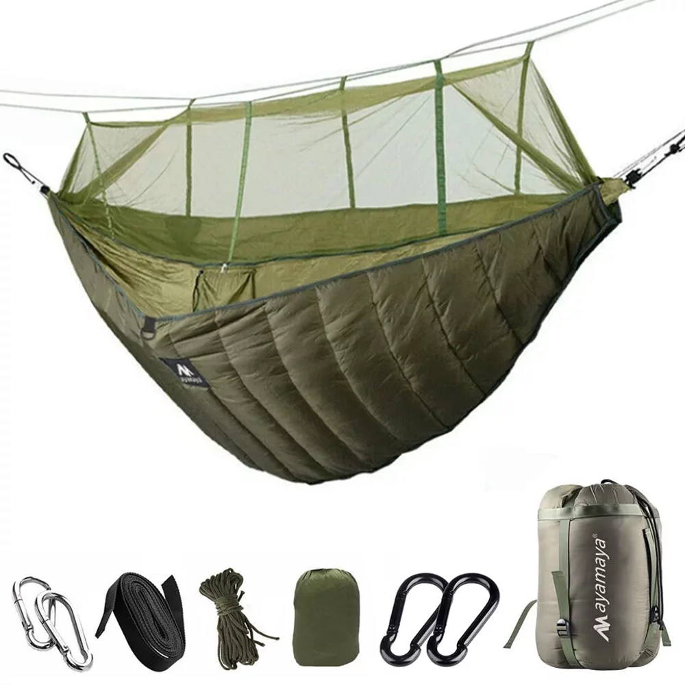 IC ICLOVER Camping Hammock with Mosquito Net and Hammock Underquilt, Portable Nylon Parachute Hammock Full Length Warm Under Quilts Set for Winter Cold Weather - Green