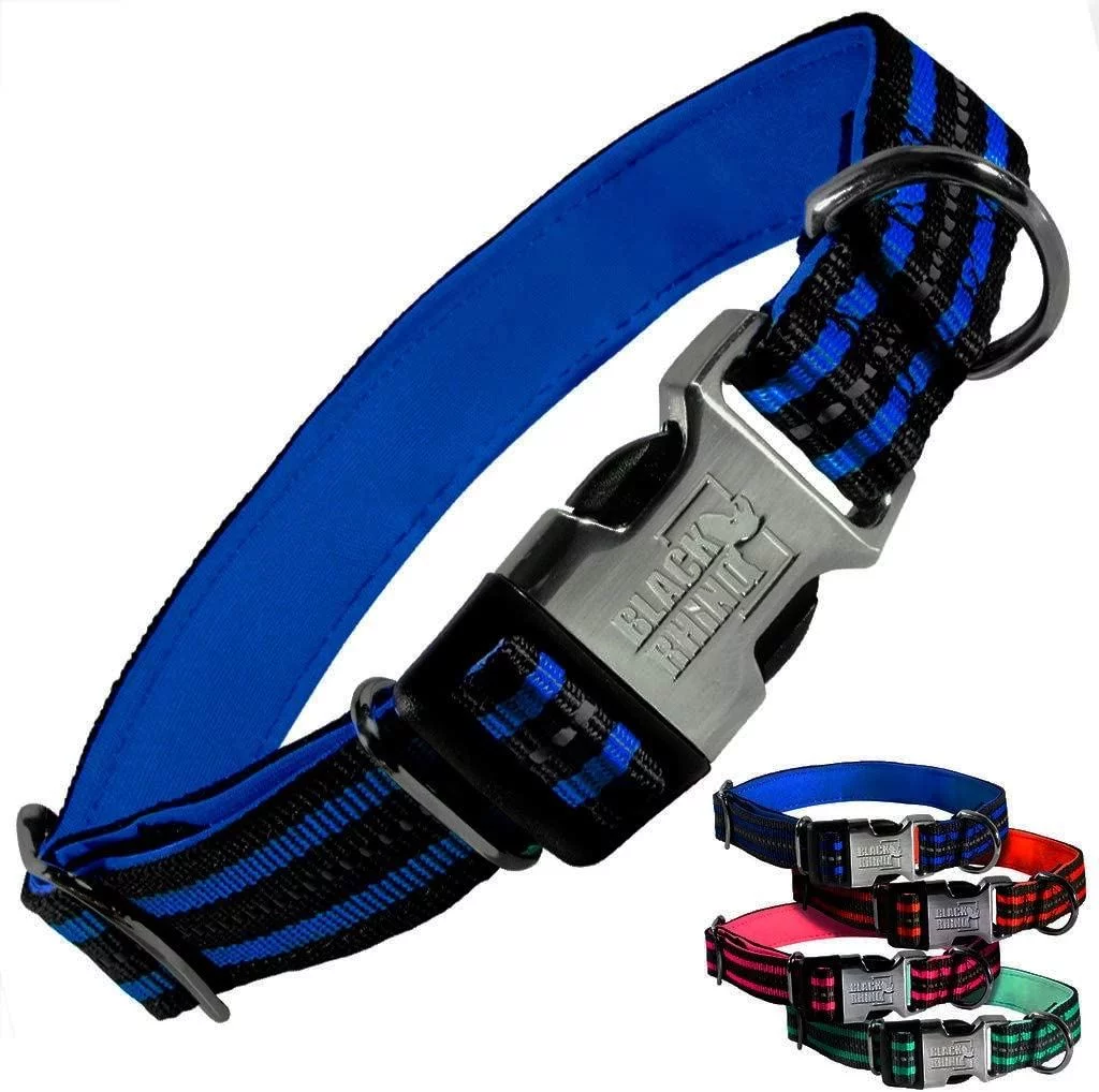 Black Rhino - Classic Striped Adjustable Dog Collar for Small Medium Large Breeds | 3m Reflective Threading | 4 Bright Colors - Matching Leashes Sold Separately (Blue Striped, Small)