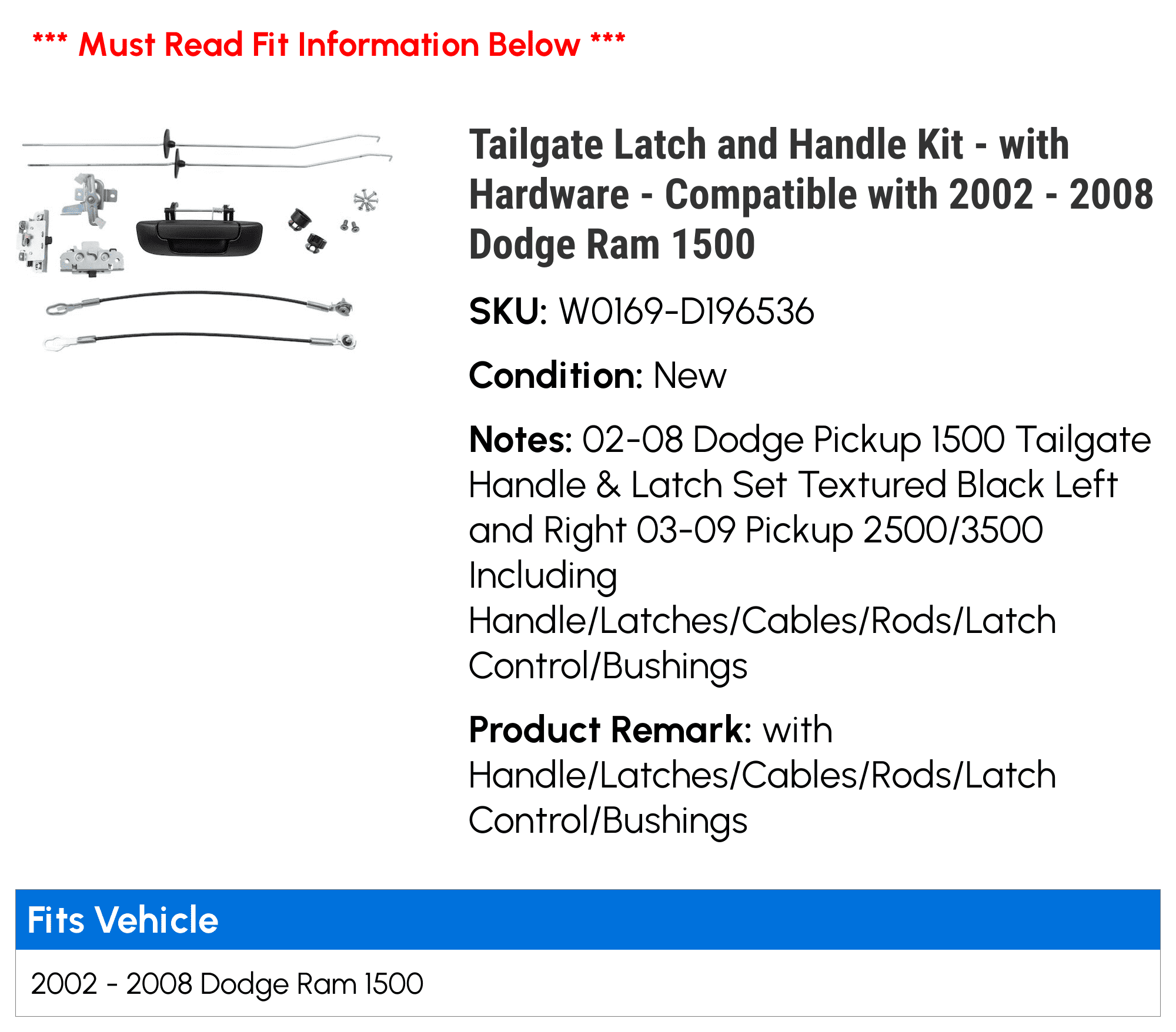 Tailgate Latch and Handle Kit - with Hardware - Compatible with 2002 - 2008 Dodge Ram 1500 2003 2004 2005 2006 2007