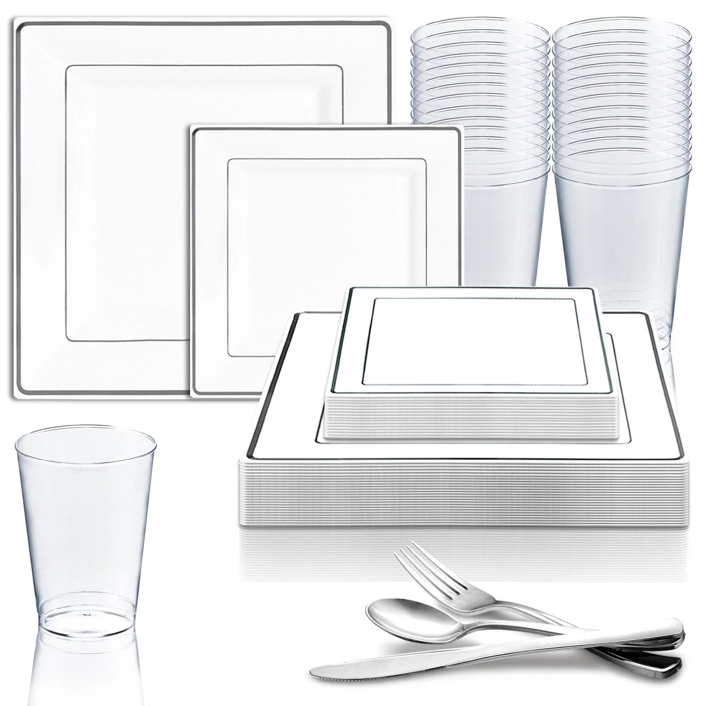Smarty White w/ Silver Square Edge Plastic Wedding Value Set (120 Guests)