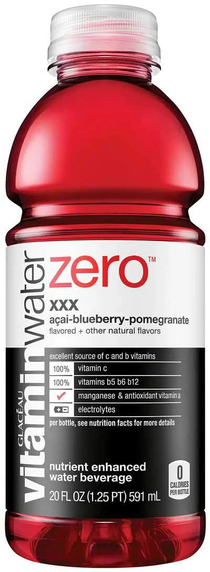 Vitamin Water Zero, Acai-Blueberry-Pomegranate - Xxx, 20Oz Bottle (Pack Of 6, Total Of 120 Oz)