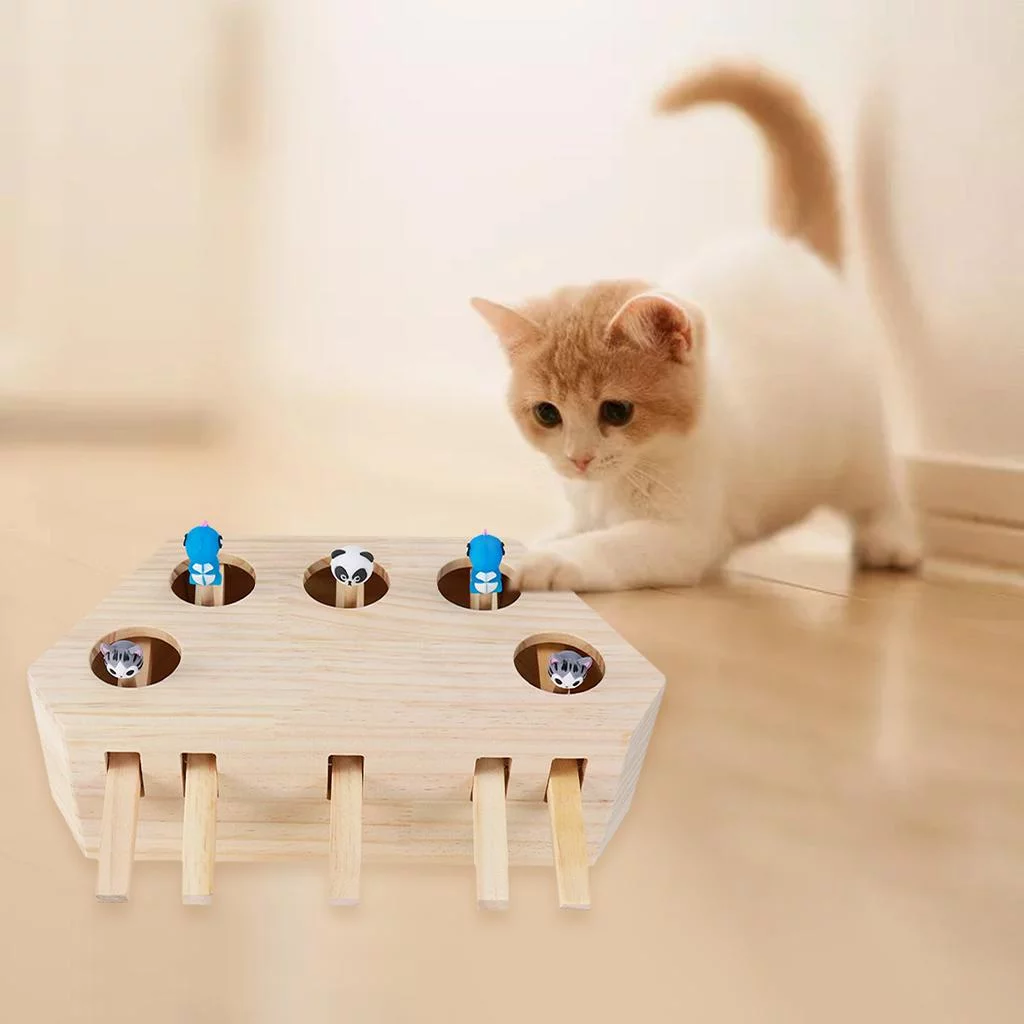 Wooden Cat Toy Box, Kitten Toy Puzzle Box with Cartoon Animal, Cat Toys - 5 Holes