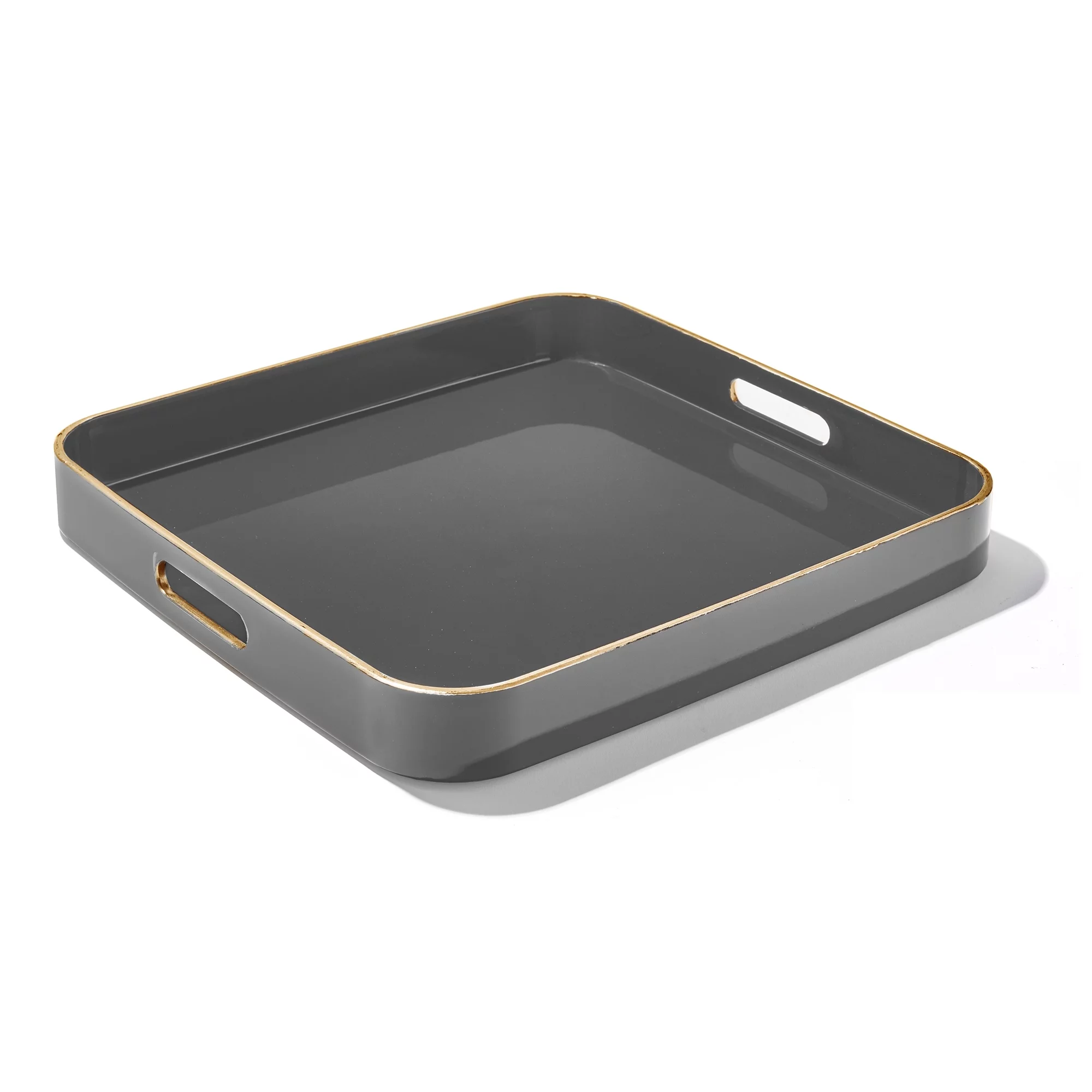 Trina Turk, Cool Gray with Gold Rim Polypropylene Square Serving Tray with Handles, Set of 2