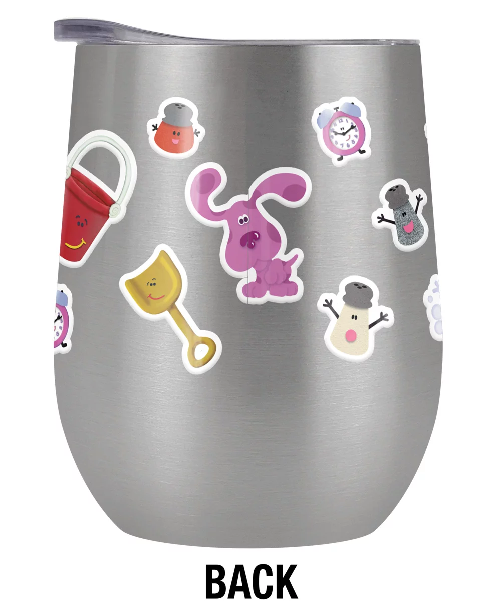 Blues Clues Official Blue And Friends Sticker Collage 12 oz Stemless Tumbler, Stainless Steel Travel Cup|Lake Tumbler|Insulated with Leak Resistant Slide-Lock Lid