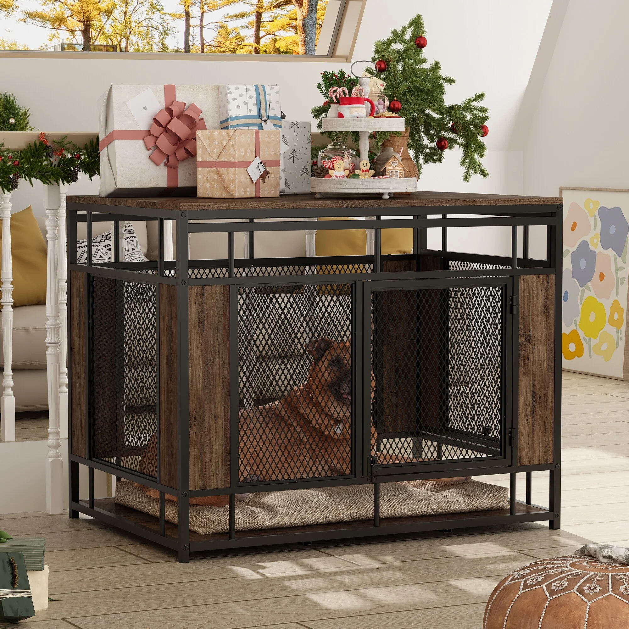 Golden/Black Dog  Crate End Table with 2 Doors for Medium Dogs Indoor Wood+Black