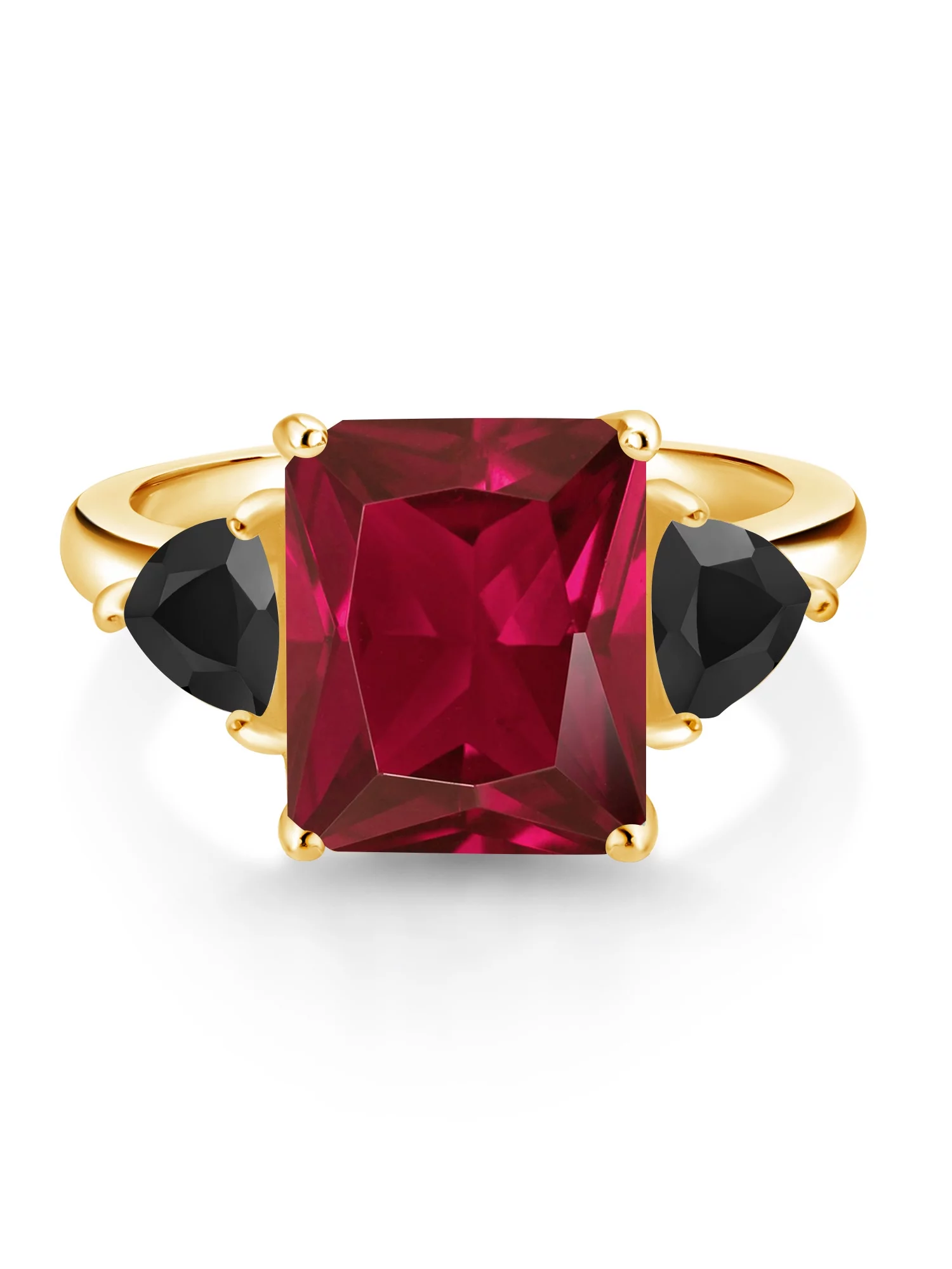 Gem Stone King 18K Yellow Gold Plated Silver Red Created Ruby and Black Onyx 3 Stone Ring For Women (6.42 Cttw, Octagon 12X10MM, Trillion 5X5MM, Gemstone July Birthstone, Size 8)