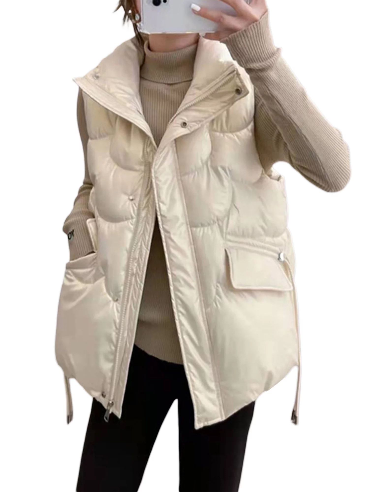 Women Quilted Puffer Vest Coat Winter Sleeveless Outerwear Stand Collar Padded Jacket with Pockets