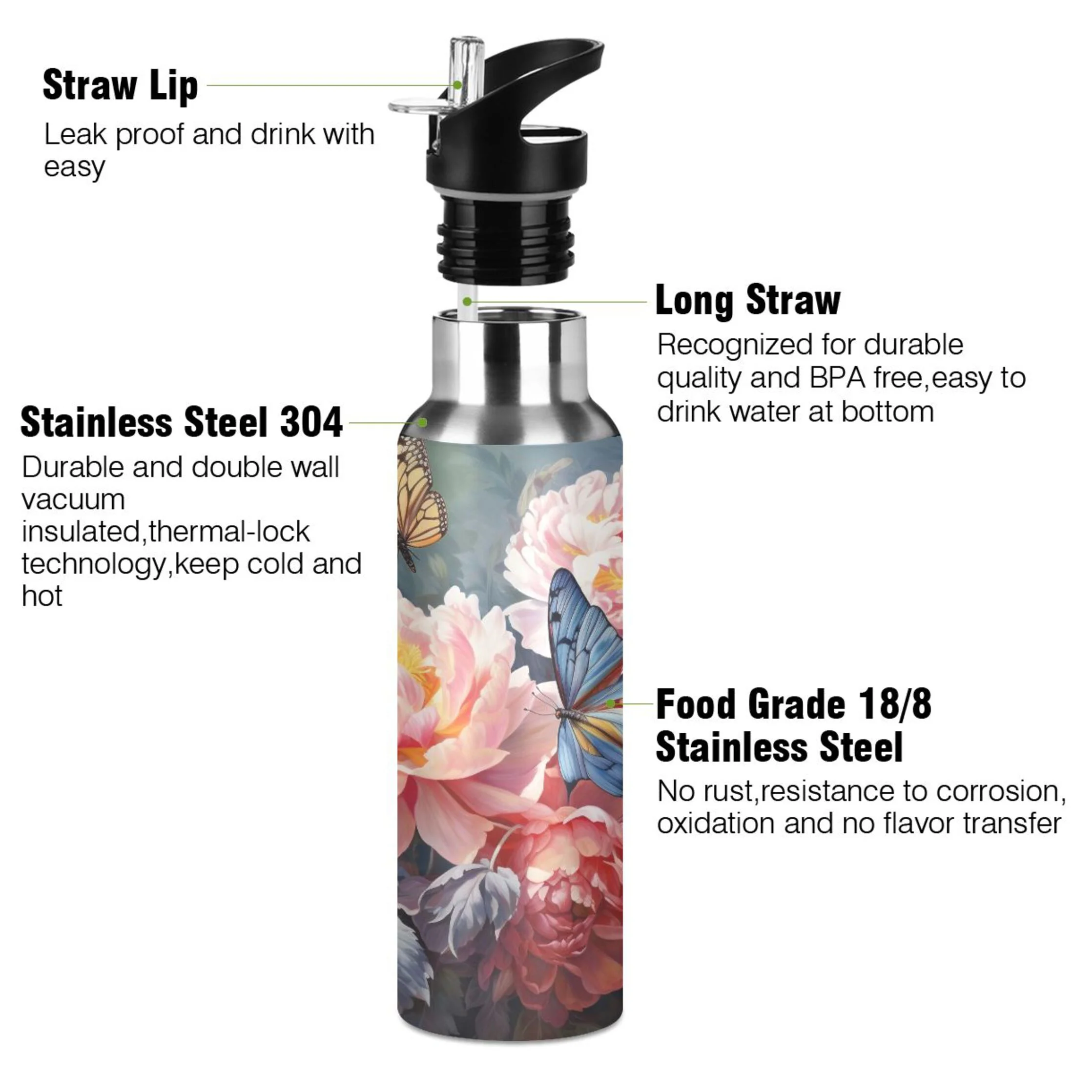 Water Bottle with Straw Lid Leak Flower and Butterflies Stainless Steel Insulated Thermos Vacuum Flask for Cold Hot Drinking for Sports Camping Gym Yoga