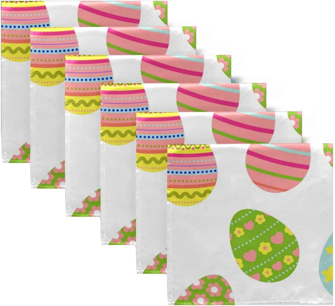 Wellsay Set of 6 Easter Egg with Colorful Floral Decor Pattern On White Cloth Napkins Washable Polyester Dinner Napkins 20