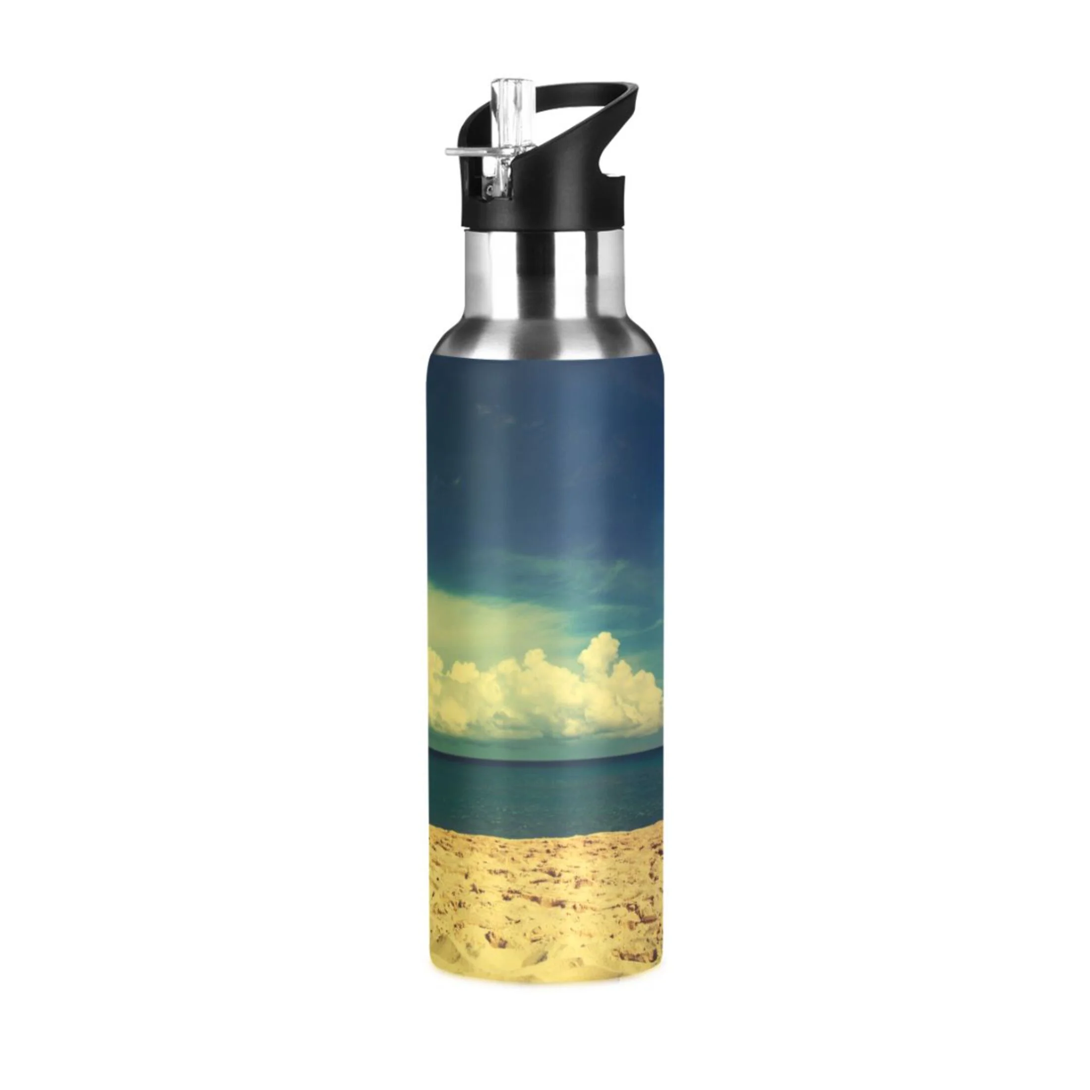 Beautiful Beach and Tropical Sea Water Bottles Insulated Thermos Kids Stainless Steel Bottle with Straw Lid Flask Leakproof for Sports Gym 20 oz