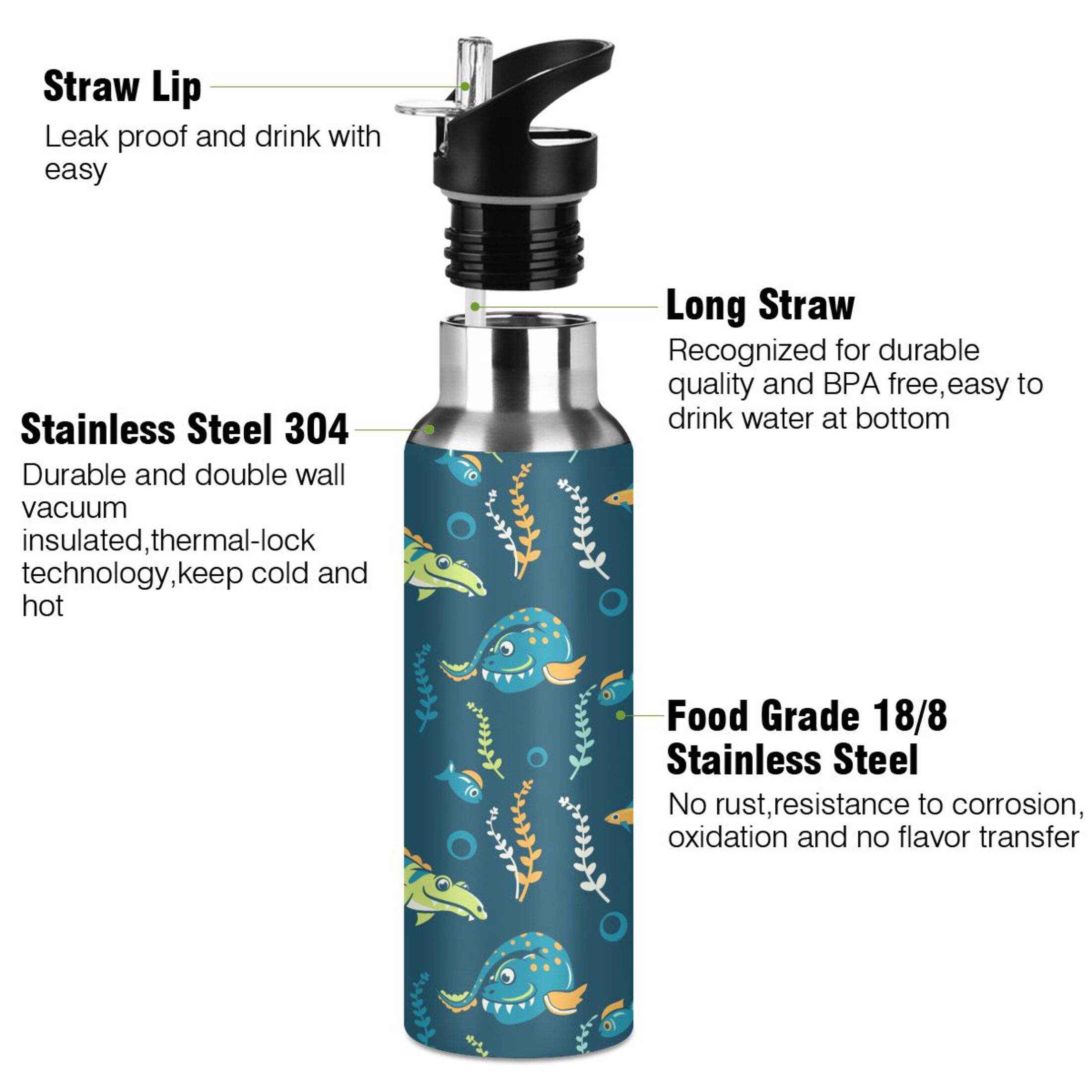 Stainless Steel Water Bottle Marine Dinosaurs with Straw Lid Vacuum Insulated Keeps Hot and Cold Leak Proof Flask Jug for Gym Travel Sports Cycling Outdoor 20 OZ