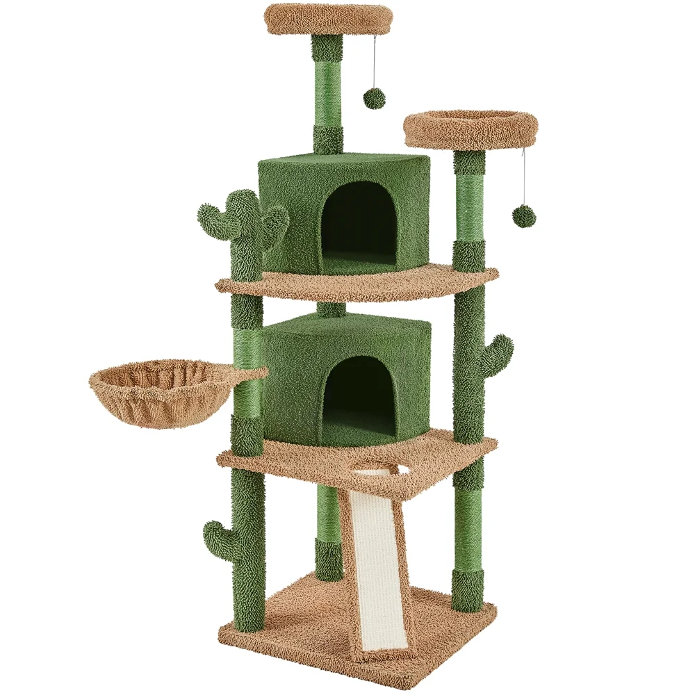 Yaheetech 66''H Cactus Cat Tree Cat Tower with Padded Perch,Green/Brown