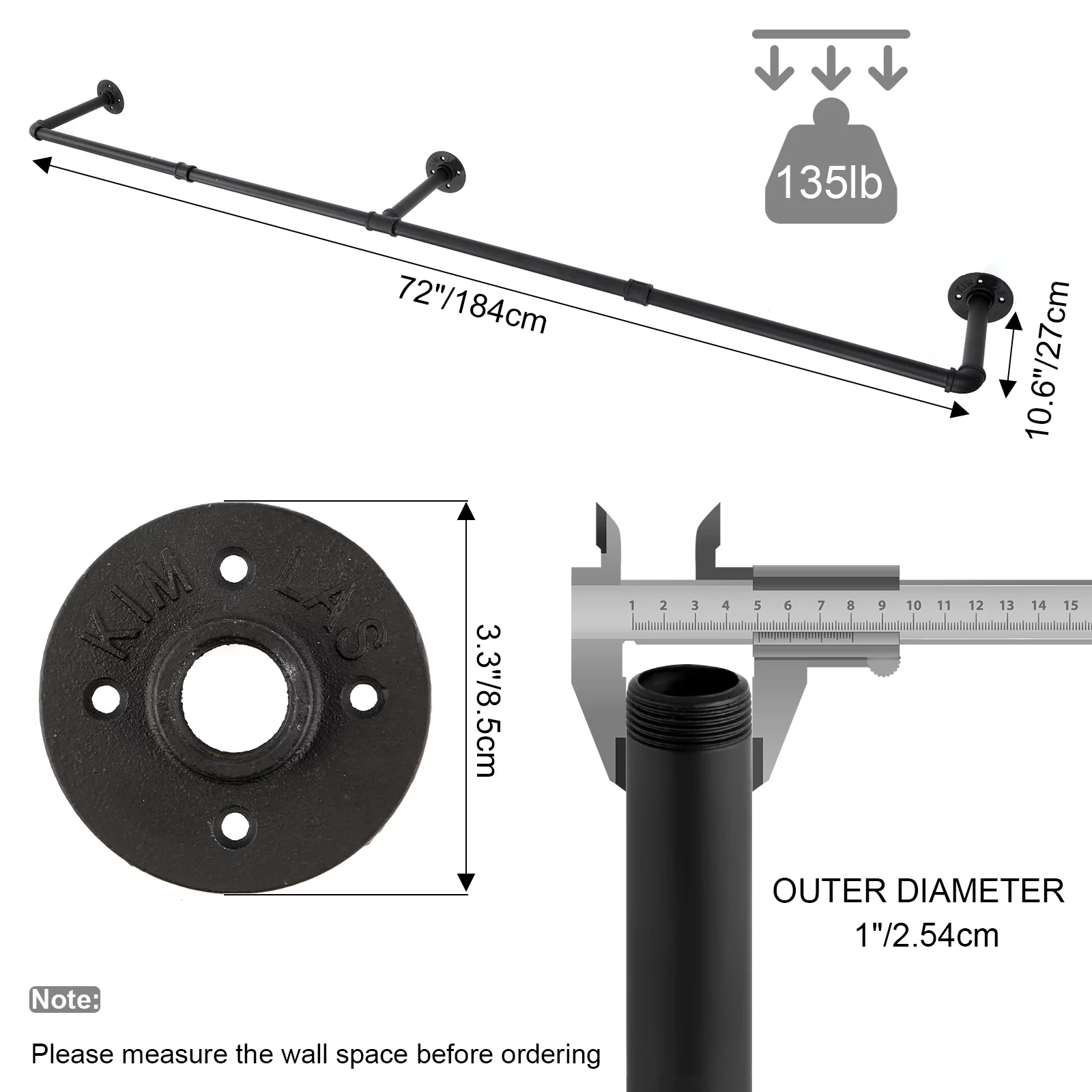 Industrial Pipe 72'' L Clothes Rack, Wall Mounted Heavy Duty Metal Garment Display Hanging Rod Bar, Max Load 135lbs (Black)