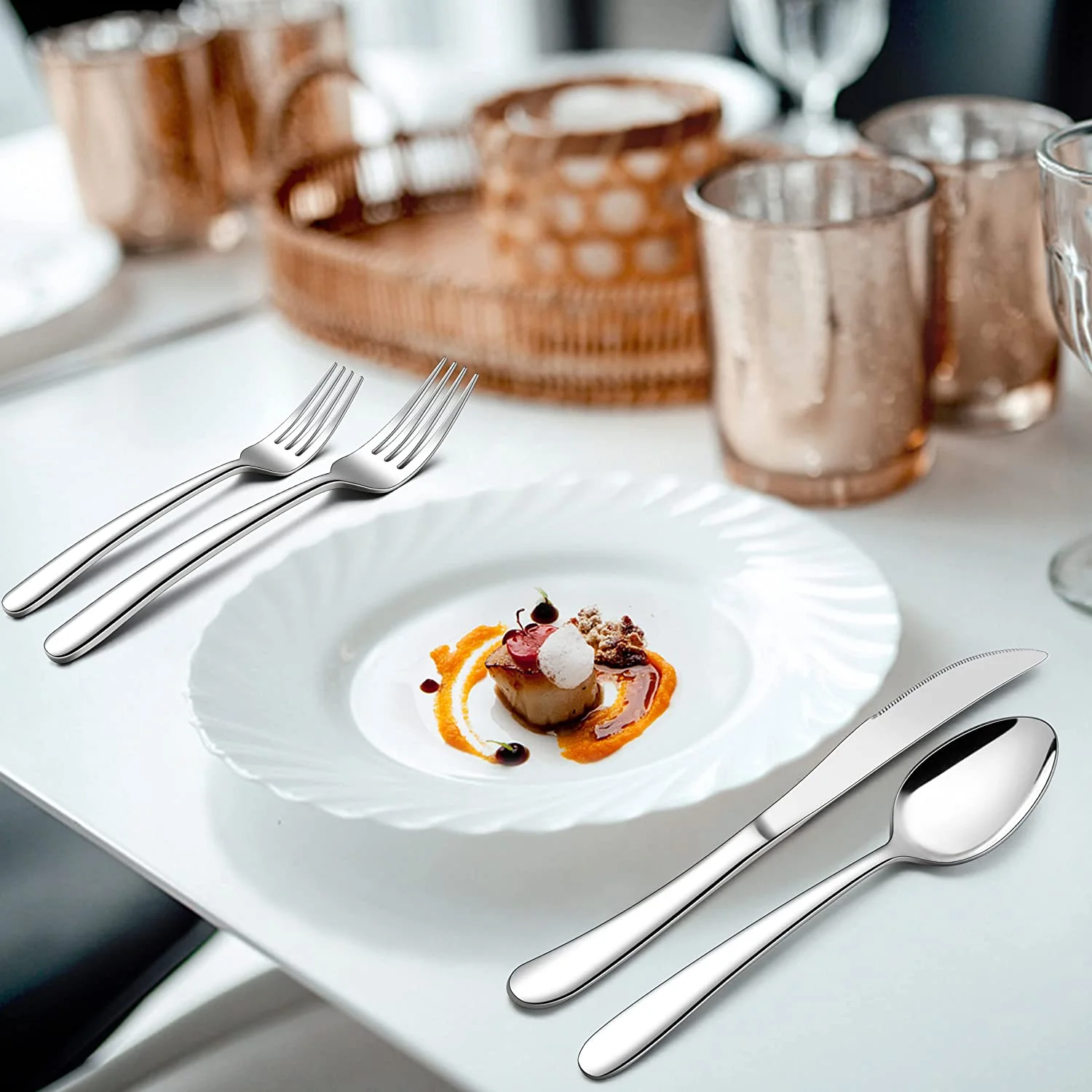 Heavy Duty Stainless Steel Silverware Set, 60-Piece Fancy Flatware Cutlery Set for 12, Modern Tableware for Home Restaurant Wedding, Heavy Eating Utensils Set, Mirror Polished, Dishwasher Safe