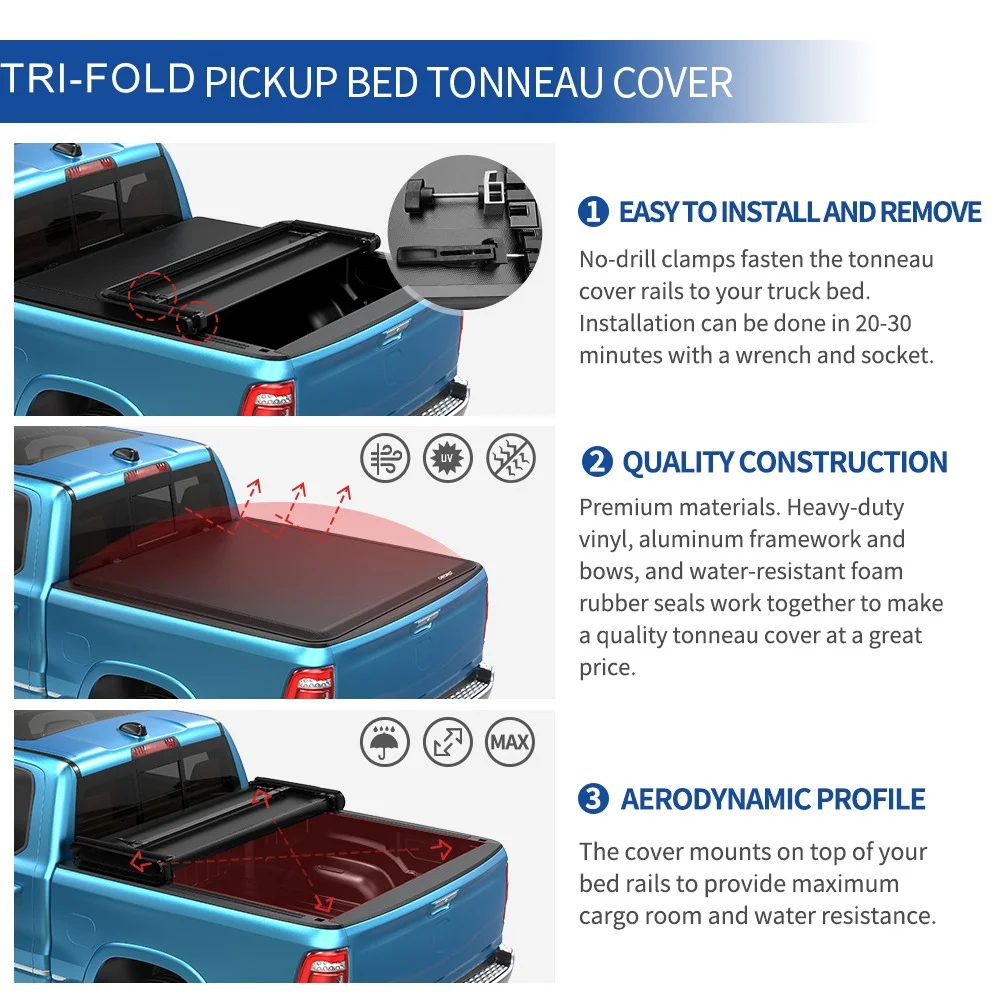 Ledkingdomus 5 ft Soft Tri-Fold Truck Bed Tonneau Cover for 2015-2023 2024 Chevy Colorado/GMC Canyon