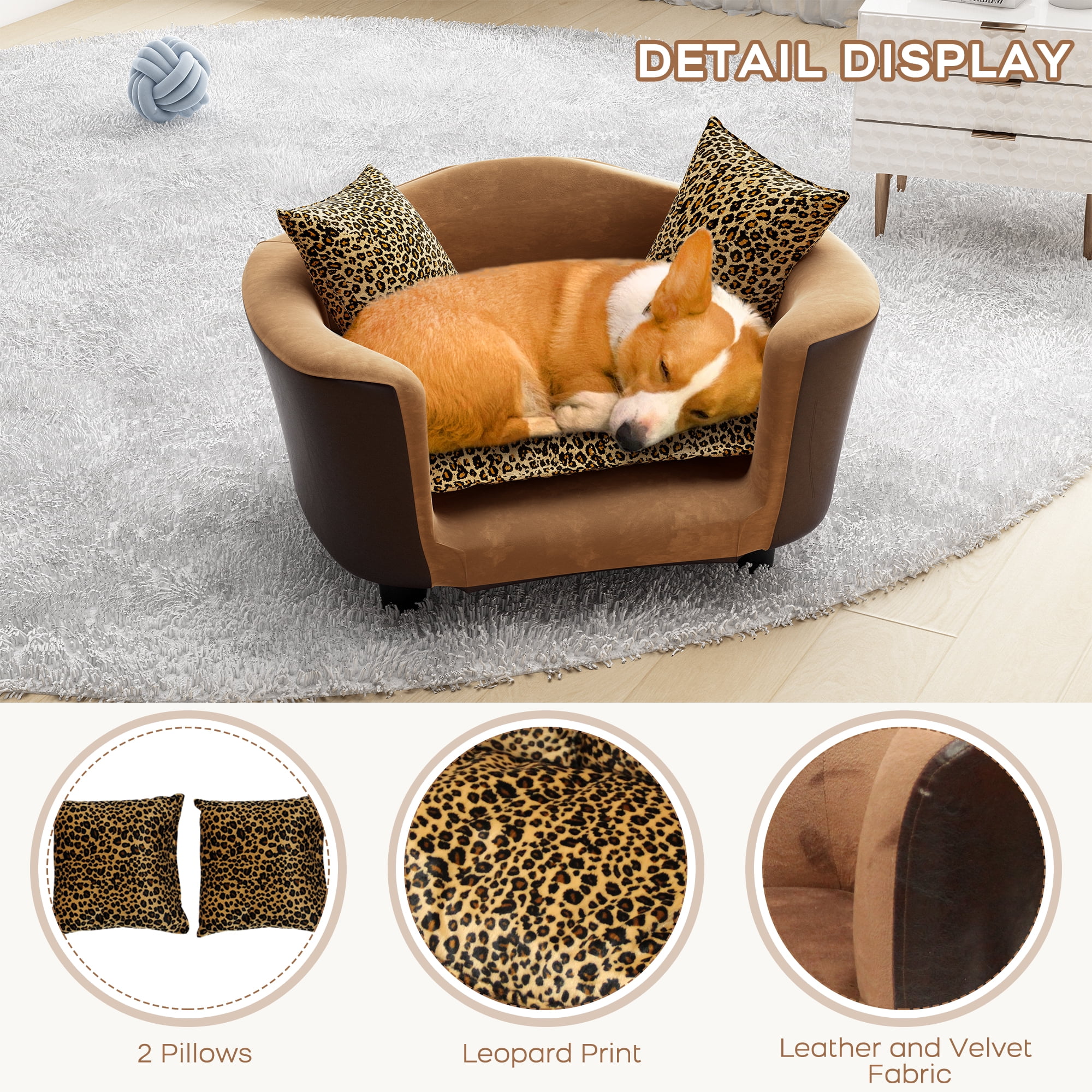DAWNYIELD Fluffly Deluxe Pet Bed Sofa Chocolate Leopard grain, Small